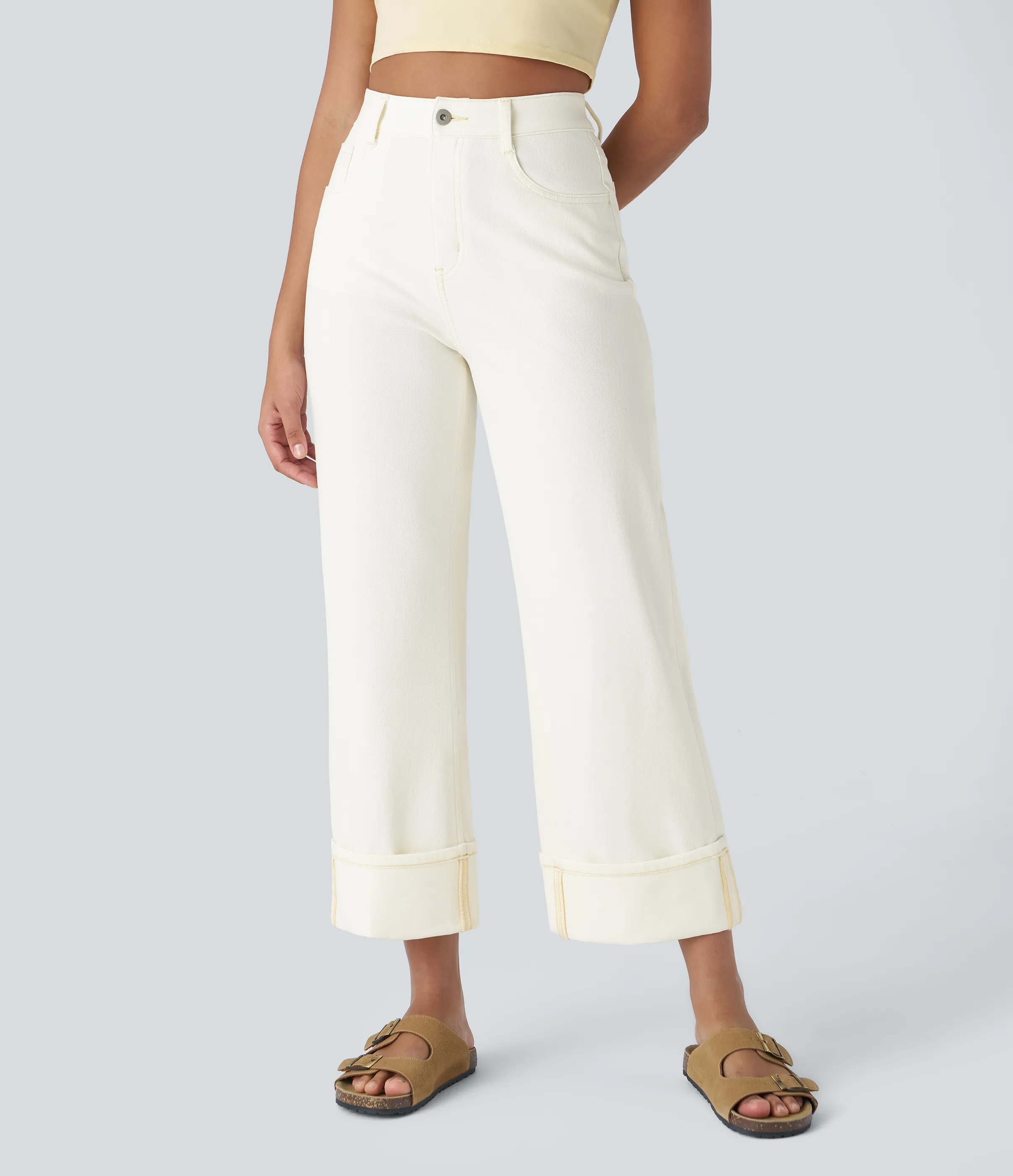 Halara Jeans casuales anchos elásticos Halara Flex™ lavados de tiro alto con varios bolsillos y dobladillo enrollado - Beige Denim - S(tall) sold by Halara product image thumbnail 4