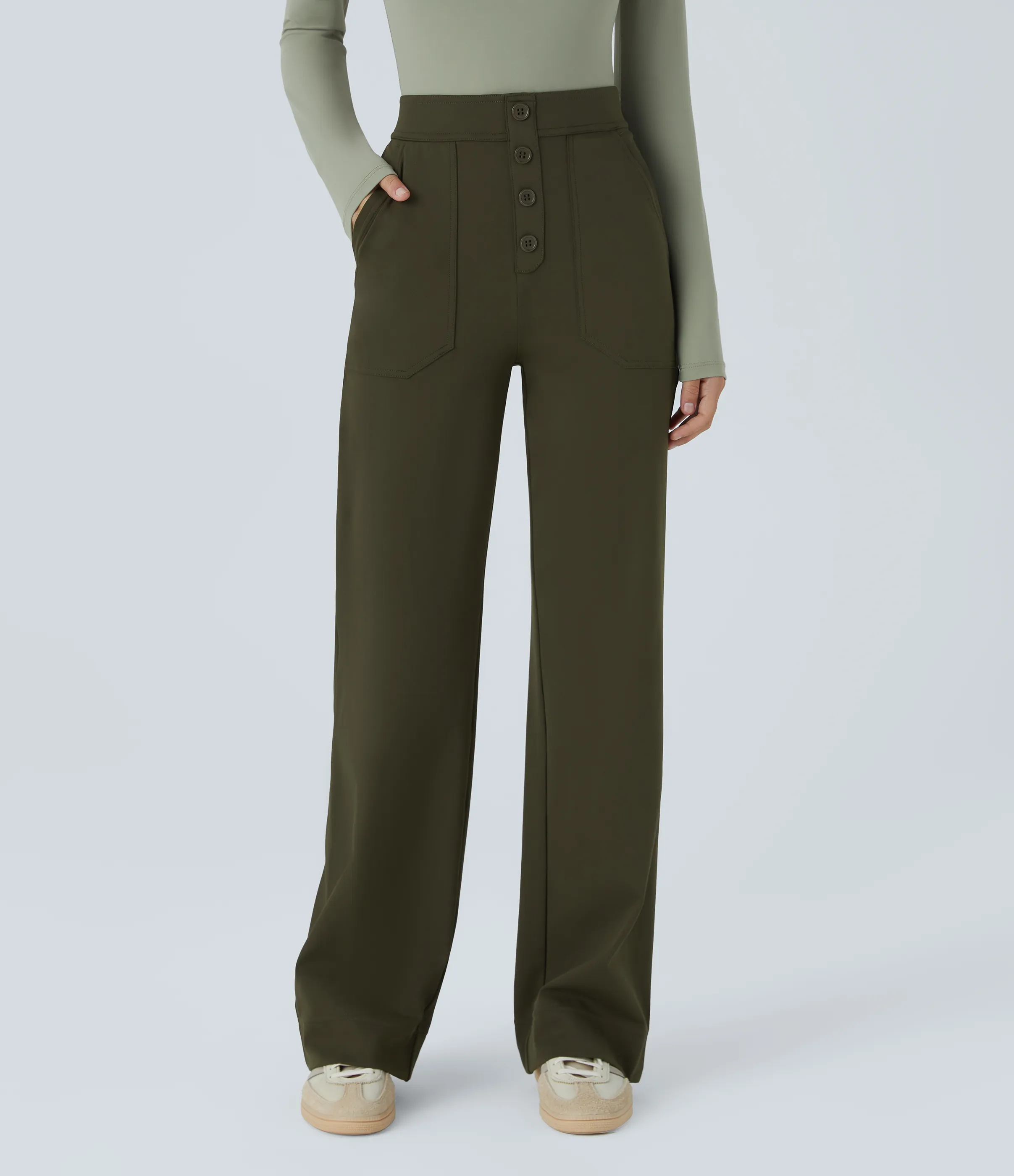 Halara Pantalón recto de tiro alto con botones y bolsillos - Lone Pine Green - M(regular) sold by Halara