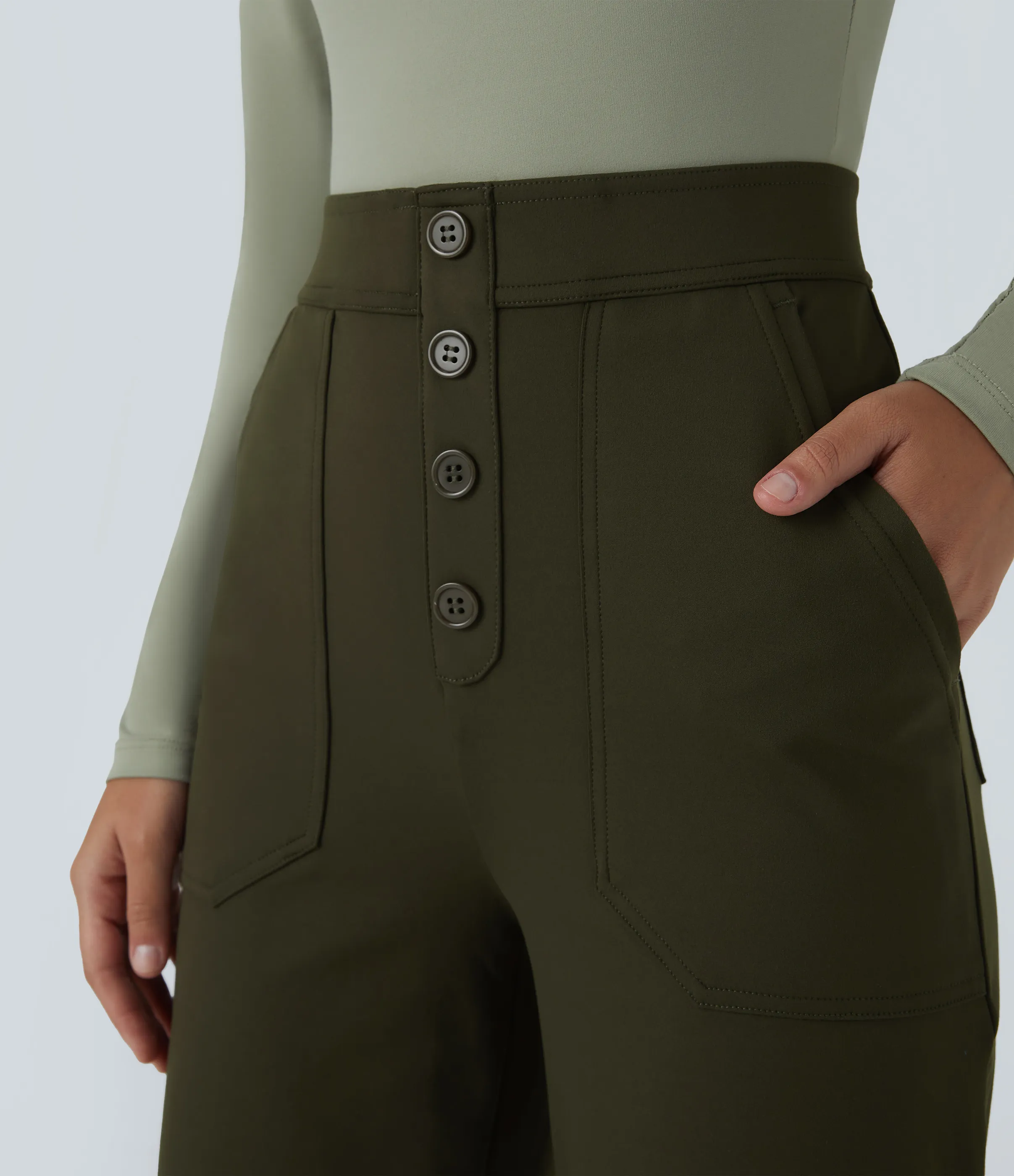 Halara Pantalón recto de tiro alto con botones y bolsillos - Lone Pine Green - M(regular) sold by Halara product image thumbnail 5