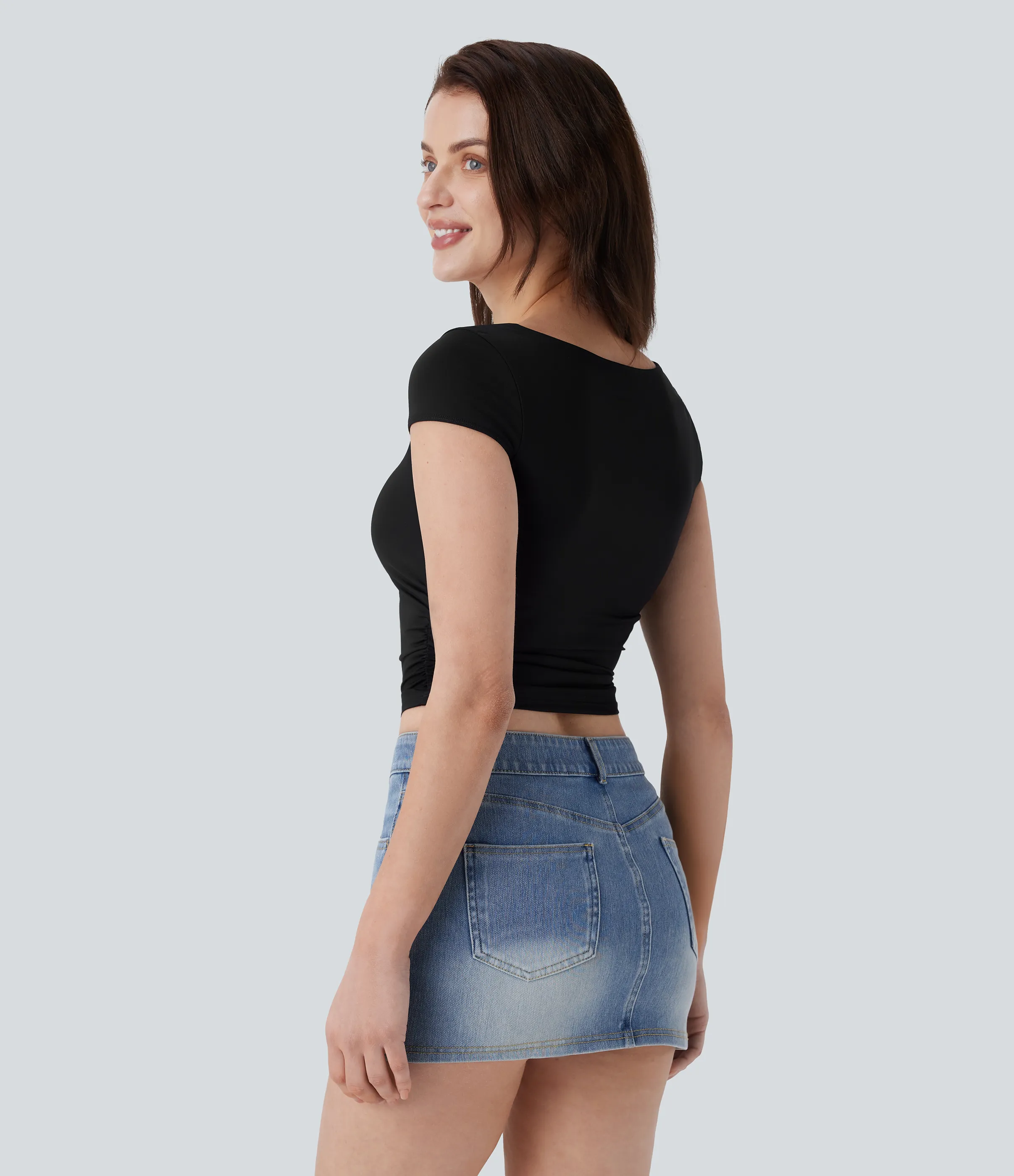 Halara Camiseta bebé ajustada corta frunce manga corta cuello cuadrado - Black - XL sold by Halara product image thumbnail 3