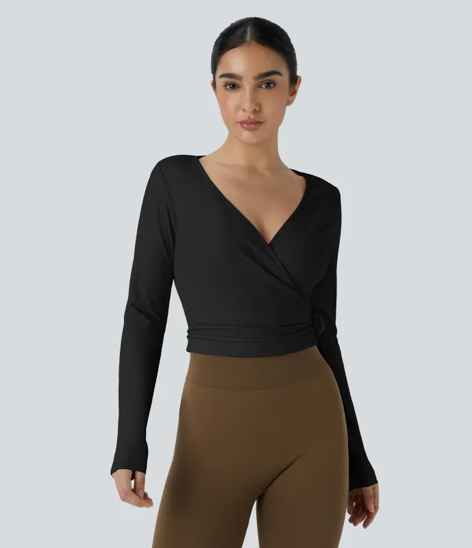 Halara Top Softlyzero™ Plush deportivo yoga manga larga lazo lateral cuello V - Black - L sold by Halara