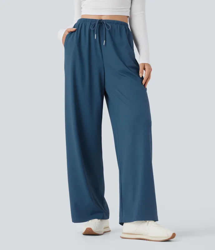 Halara Pantalones de yoga rectos de tiro medio con cordón y tejido gofre con bolsillos - Deep Abyss Blue - XL(regular) sold by Halara