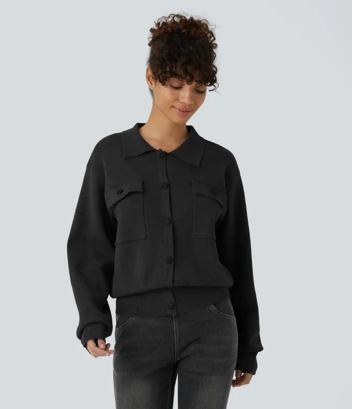 Halara Suéter manga larga cuello abotonado bolsillo pecho - Black - XS made by Halara