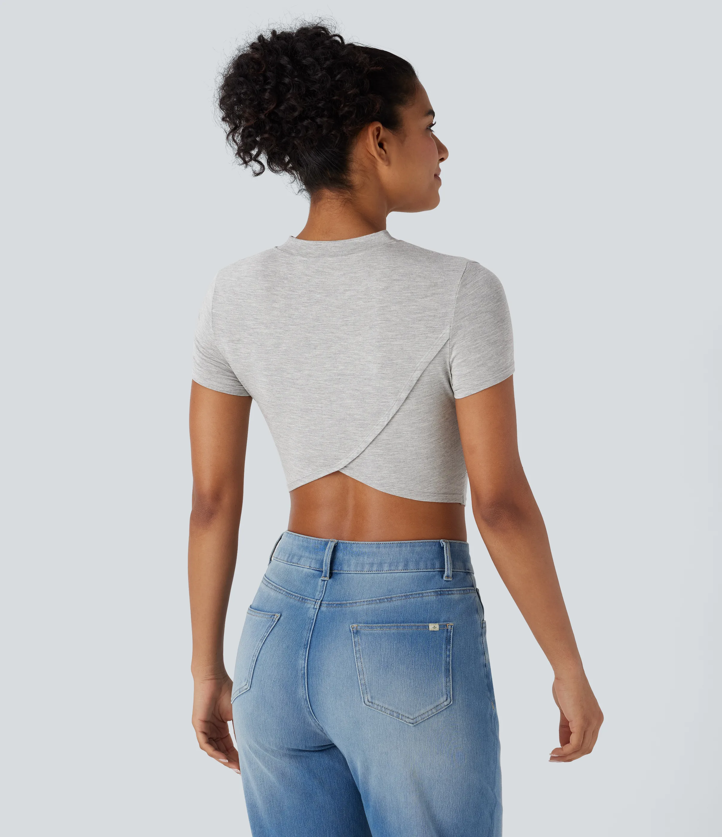 Halara Top corto casual de manga corta con escote redondo, dobladillo cruzado y fruncido - Mottled Grey - XL sold by Halara product image thumbnail 2