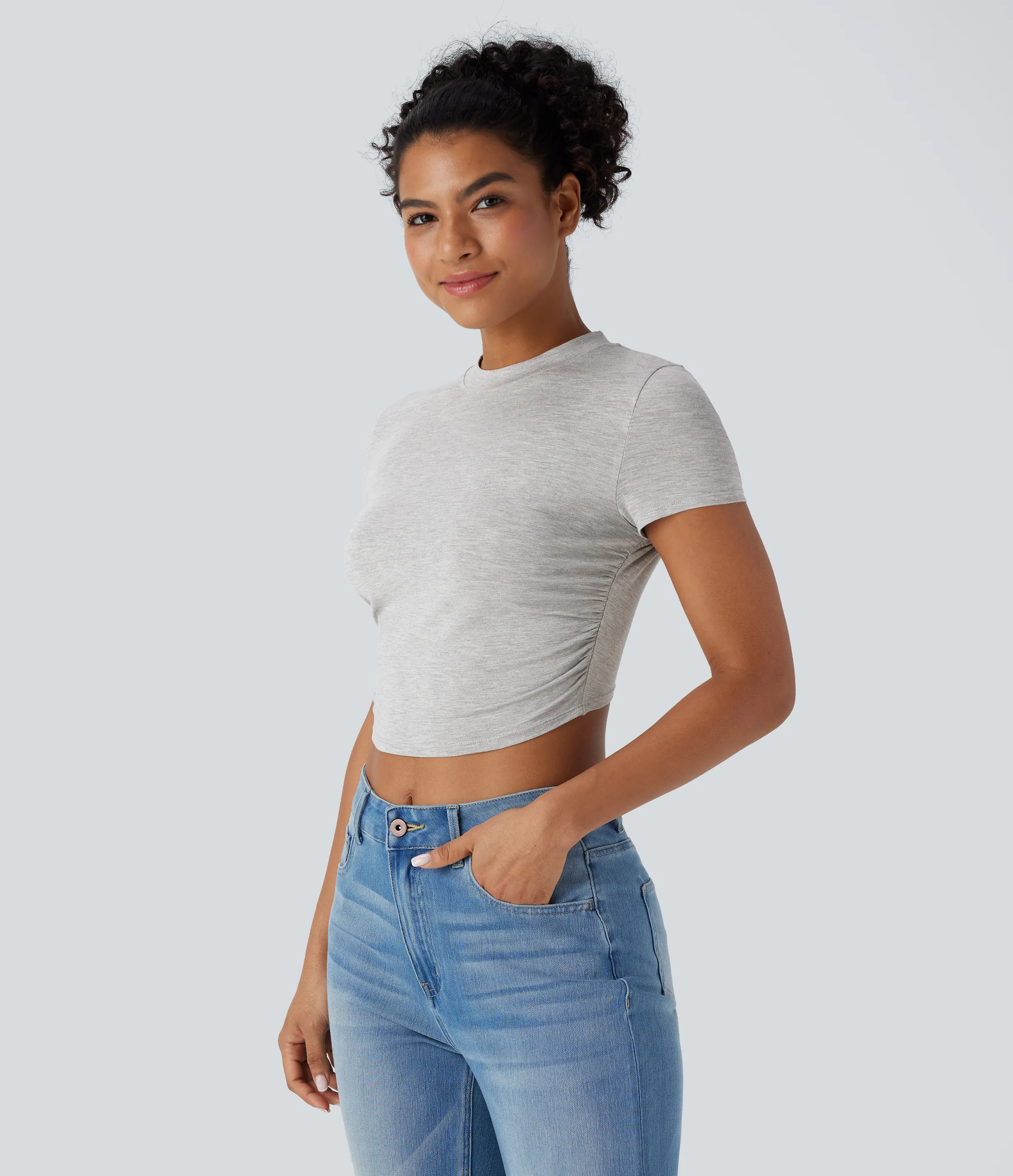 Halara Top corto casual de manga corta con escote redondo, dobladillo cruzado y fruncido - Mottled Grey - XL sold by Halara product image thumbnail 3