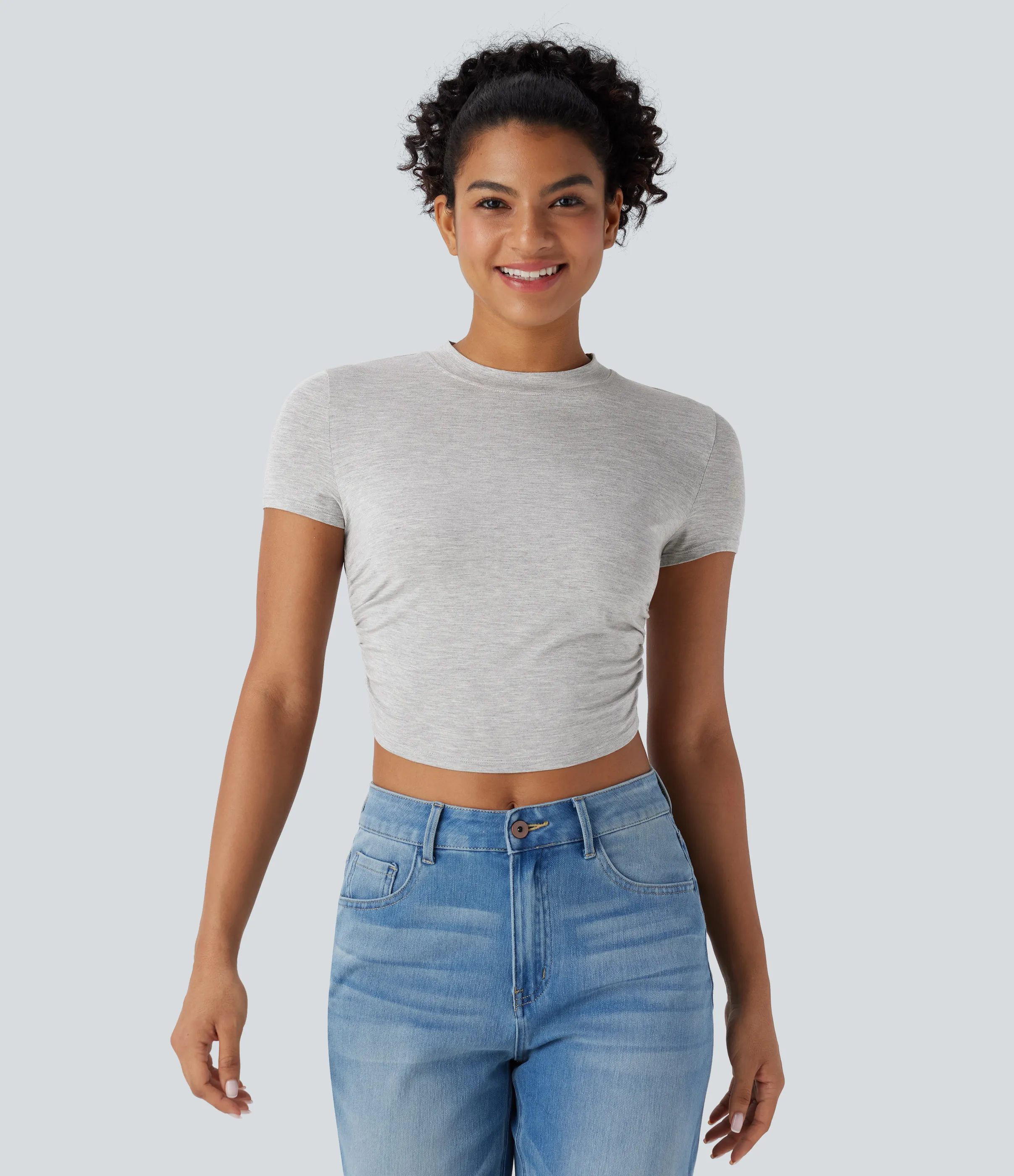 Halara Top corto casual de manga corta con escote redondo, dobladillo cruzado y fruncido - Mottled Grey - XL sold by Halara product image thumbnail 4