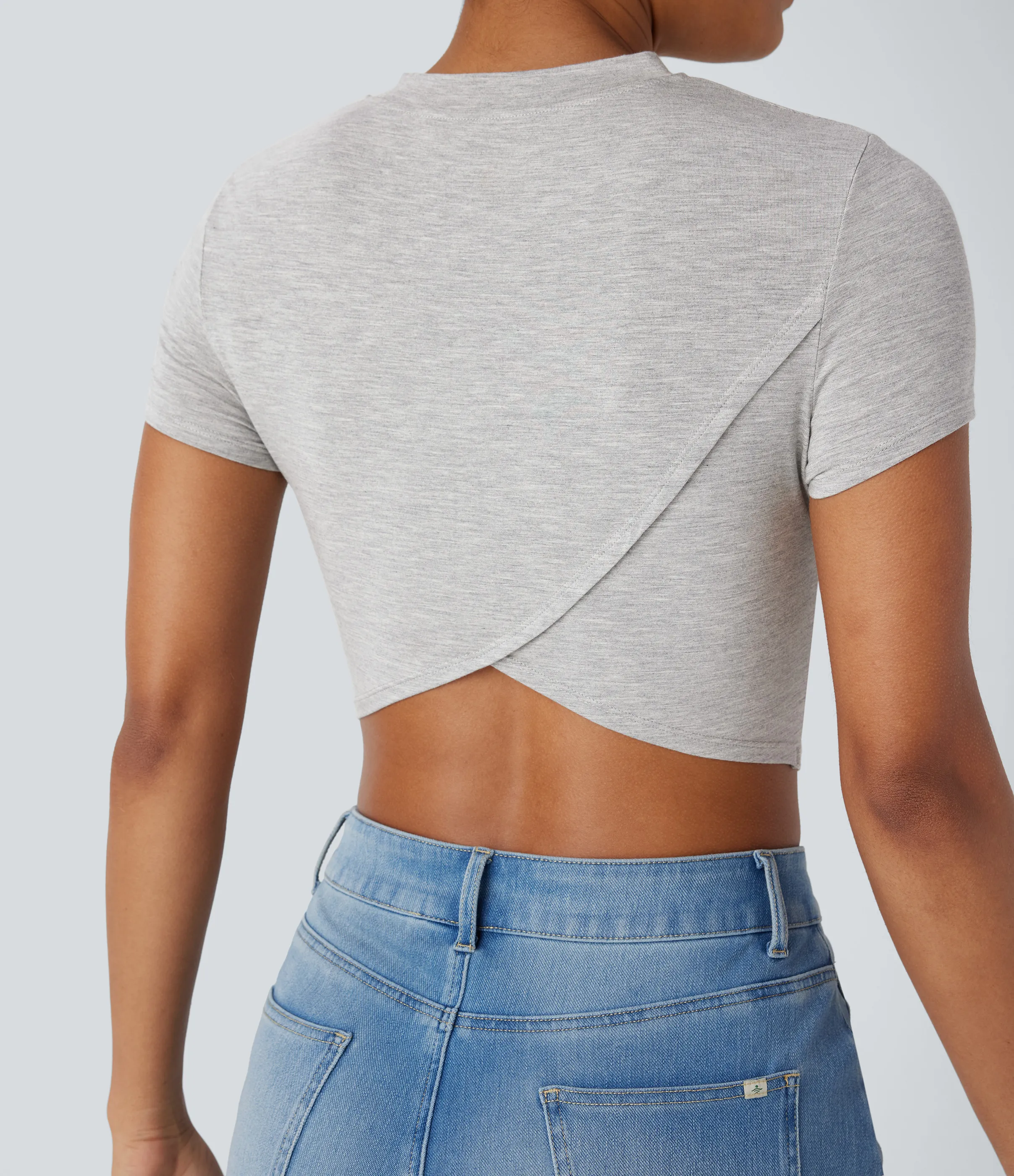 Halara Top corto casual de manga corta con escote redondo, dobladillo cruzado y fruncido - Mottled Grey - XL sold by Halara product image thumbnail 5