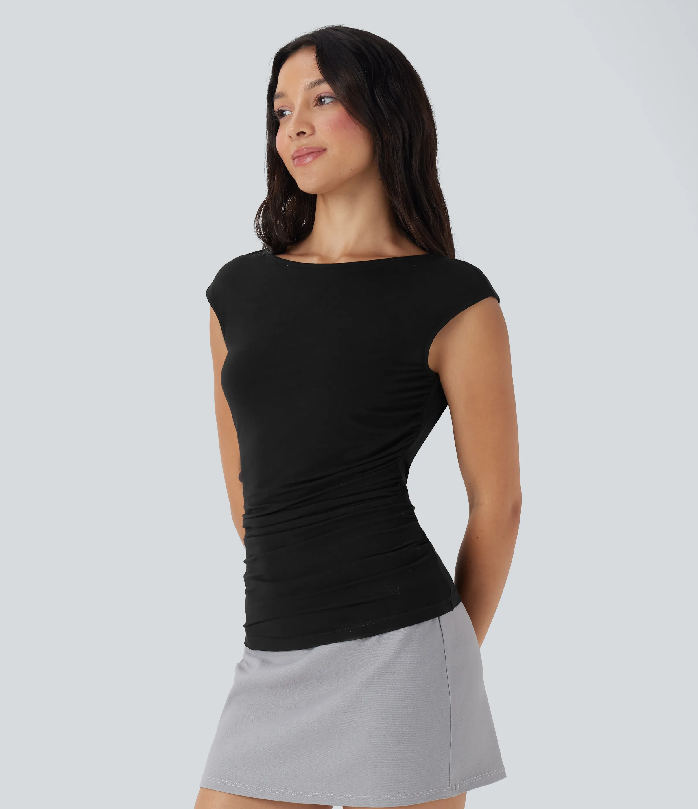 Halara Top casual fruncido con cuello barco y manga corta - Black - M sold by Halara product image thumbnail 4