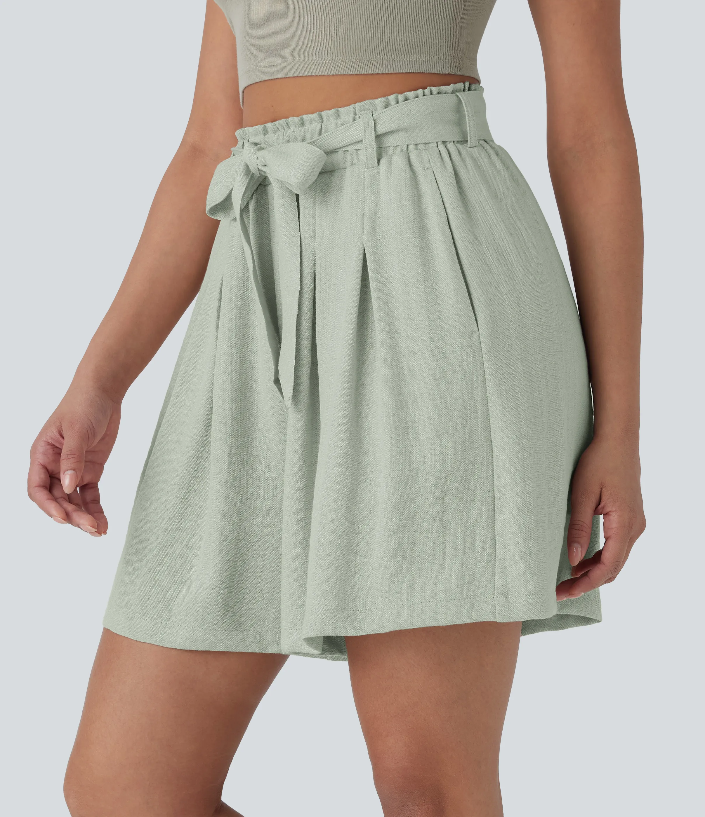 Halara Bermudas casuales de lino de tiro alto con cinturón y bolsillos laterales - Fog Green - XS sold by Halara product image thumbnail 4