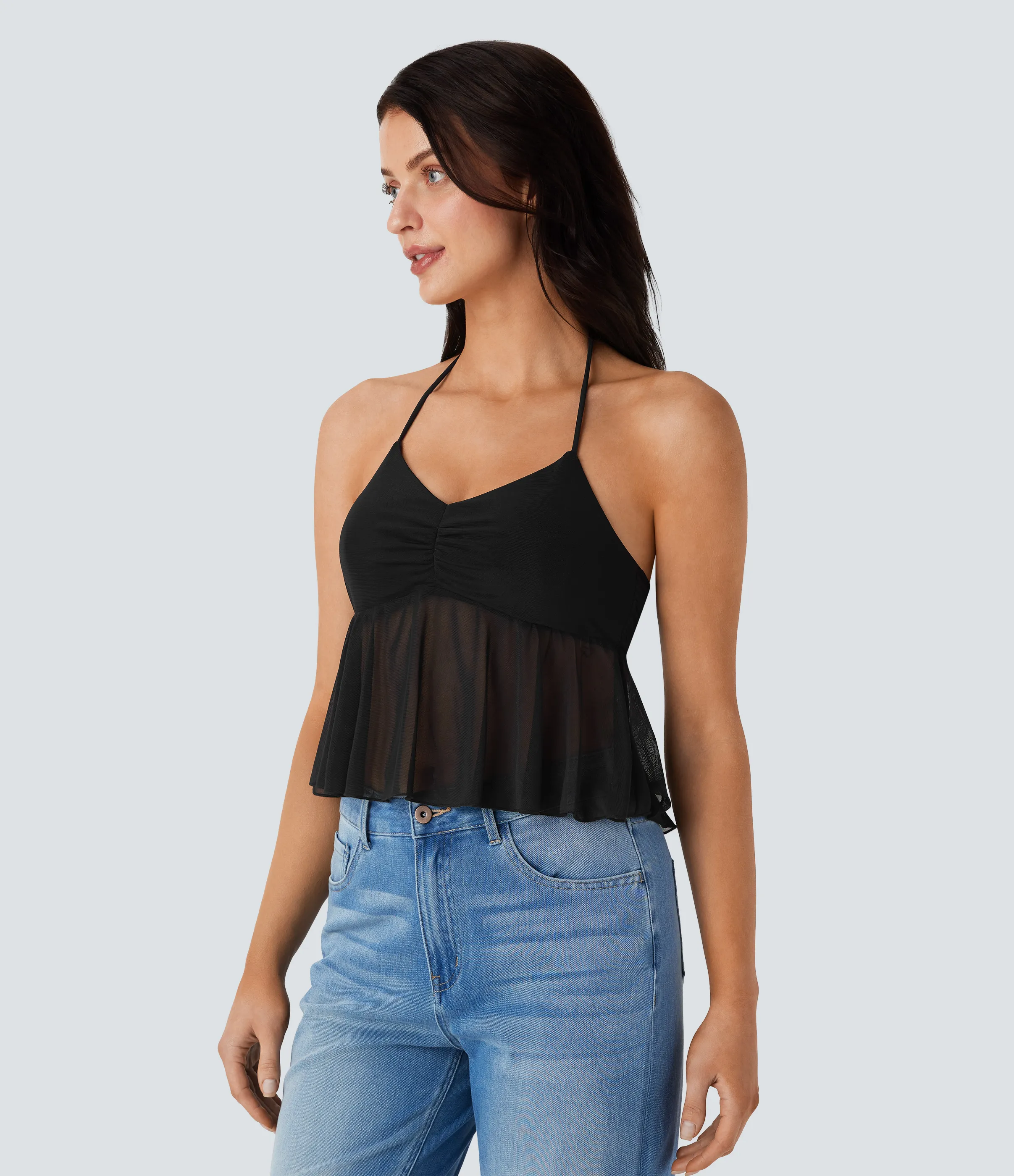 Halara Top sin mangas cuello halter sin espalda fruncido malla dobladillo volante - Black - S sold by Halara product image thumbnail 4
