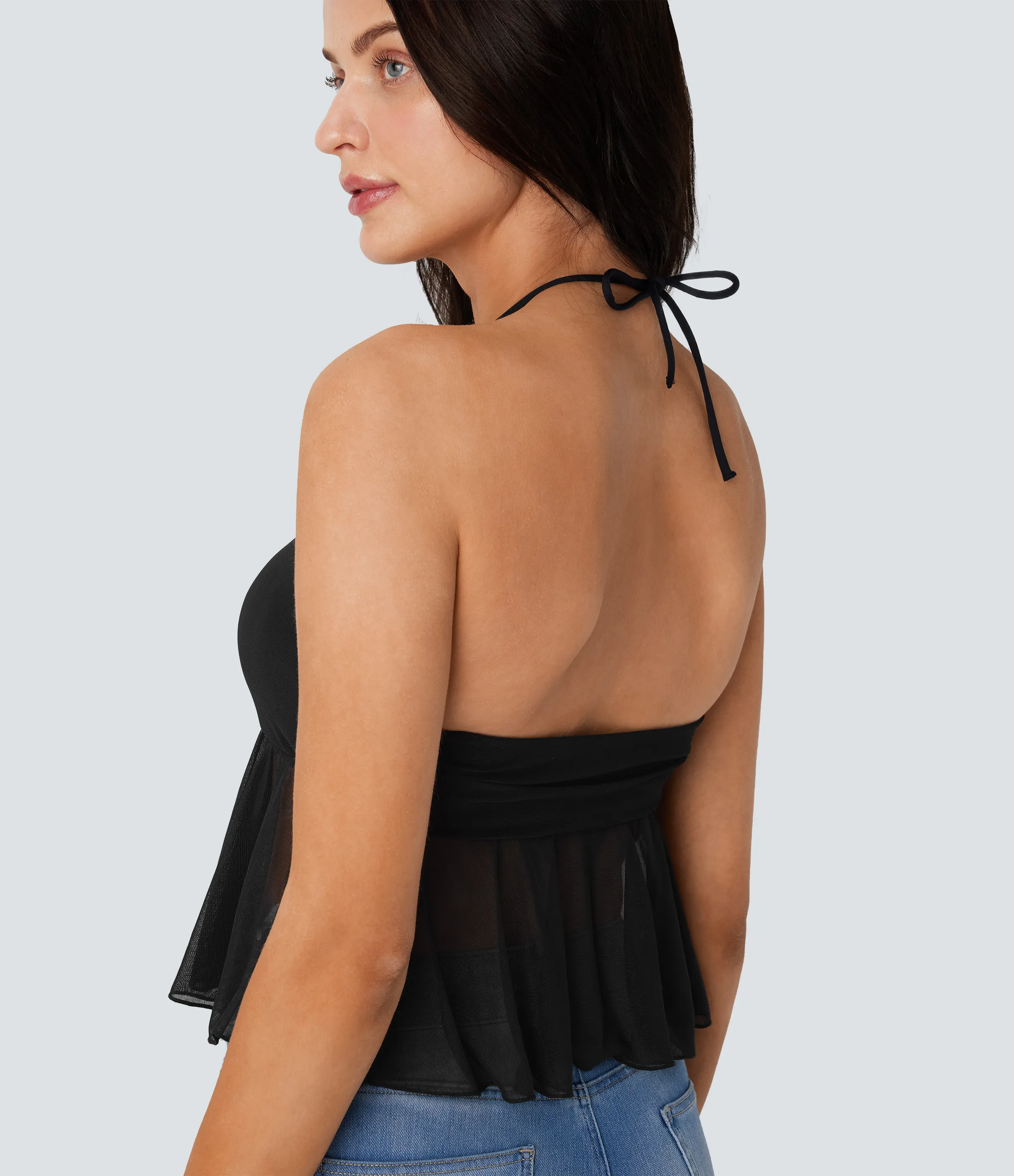 Halara Top sin mangas cuello halter sin espalda fruncido malla dobladillo volante - Black - S sold by Halara product image thumbnail 5