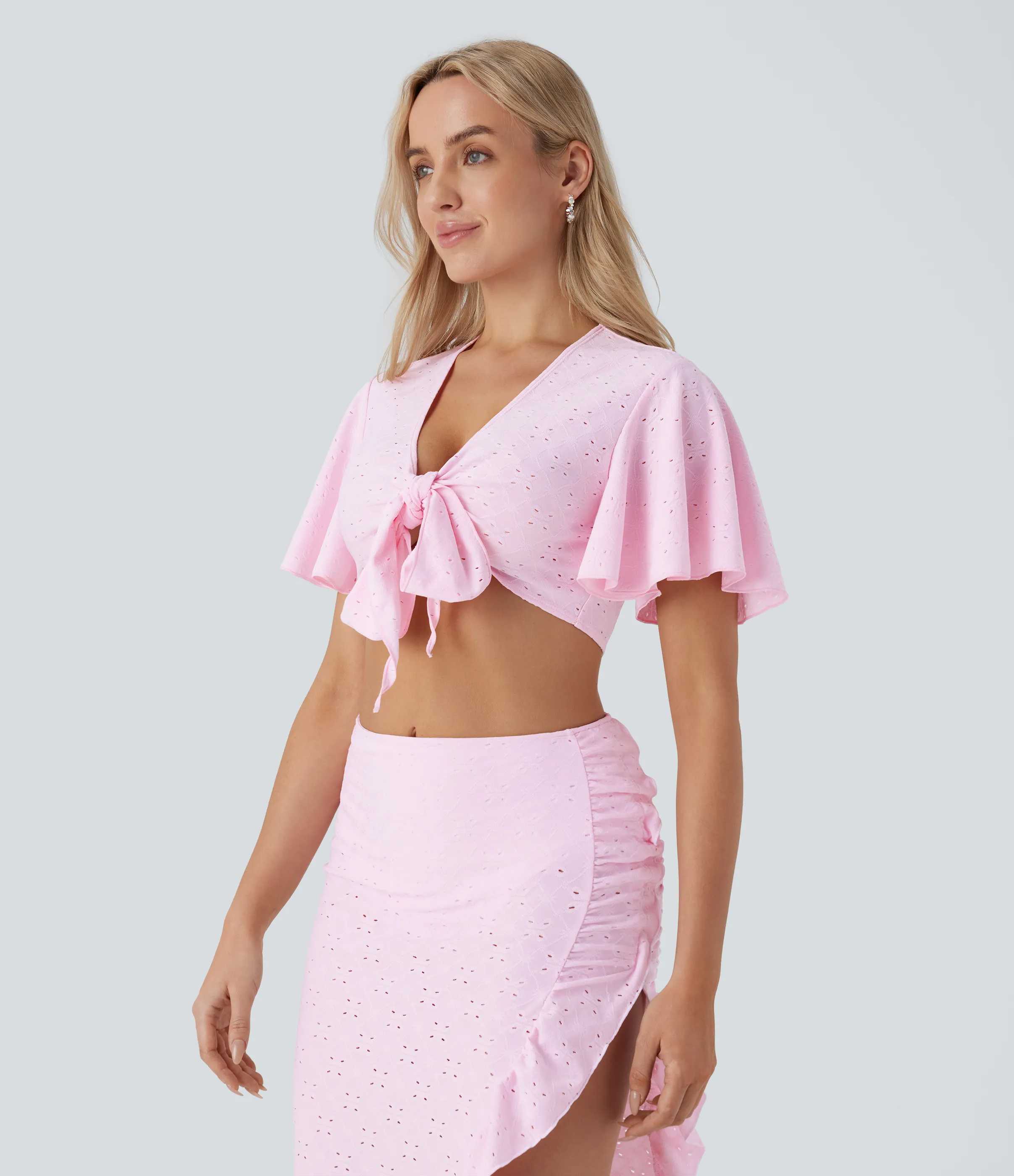 Halara Top corto cuello V lazo delantera manga corta bordado ojal - Tickled Pink - M sold by Halara product image thumbnail 5