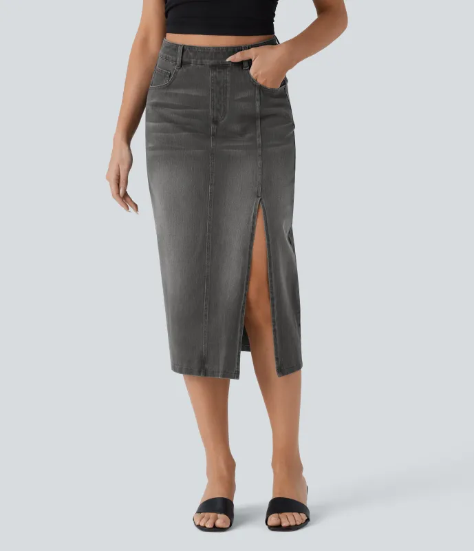 Halara Falda Midi Halara Flex™ Denim elástico lavado tiro alto abertura múltiple bolsillo - Black Iron Gray Denim - M(regular) sold by Halara