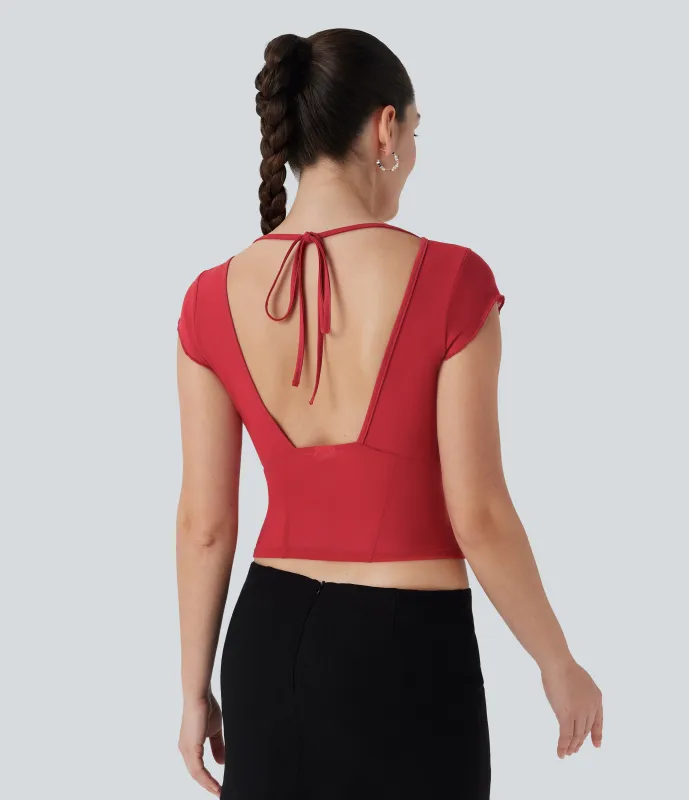 Halara Top de fiesta de malla en contraste con espalda descubierta y lazo - Ribbon Red - M sold by Halara