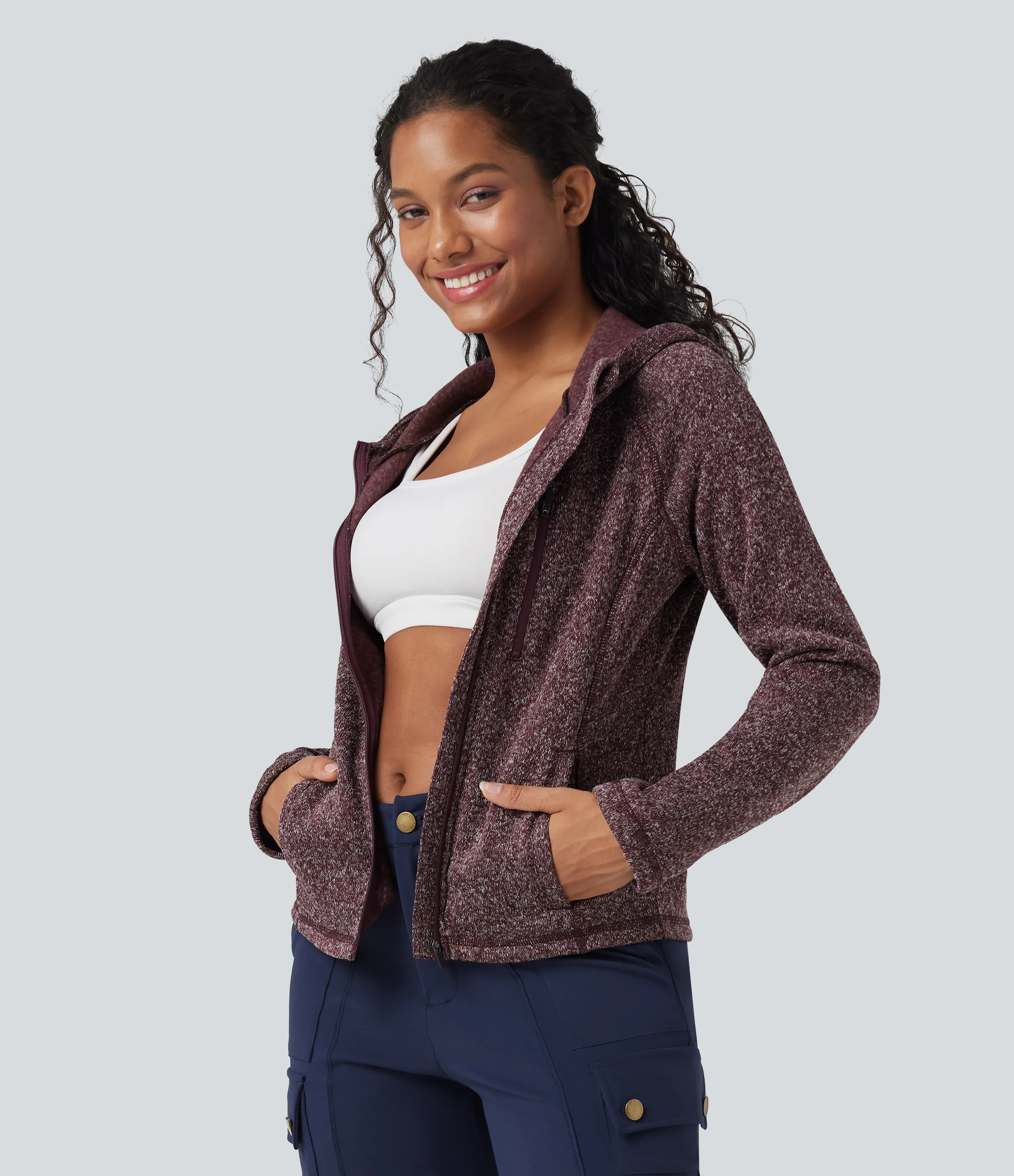 Halara Chamarra polar para senderismo de manga larga con capucha y bolsillos - Maroon Marl - S sold by Halara product image thumbnail 4