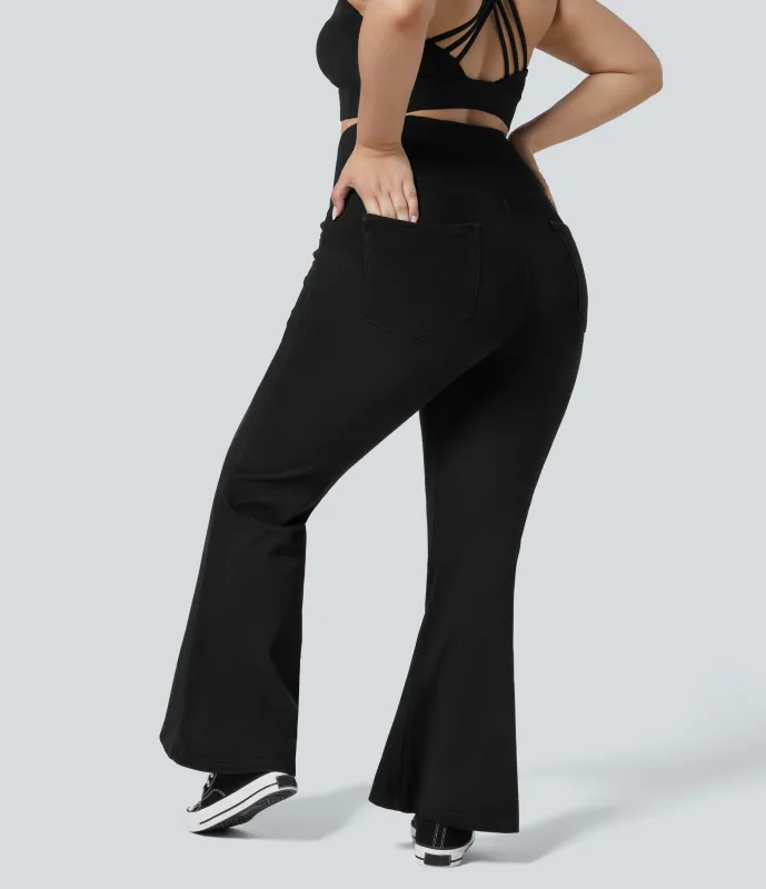 Halara Jeans Halara Flex™ Denim Súper Acampanado Cruzado elásticos de tiro alto desgastados con bolsillos en tallas grandes  - Black Denim - 4X(regular) sold by Halara