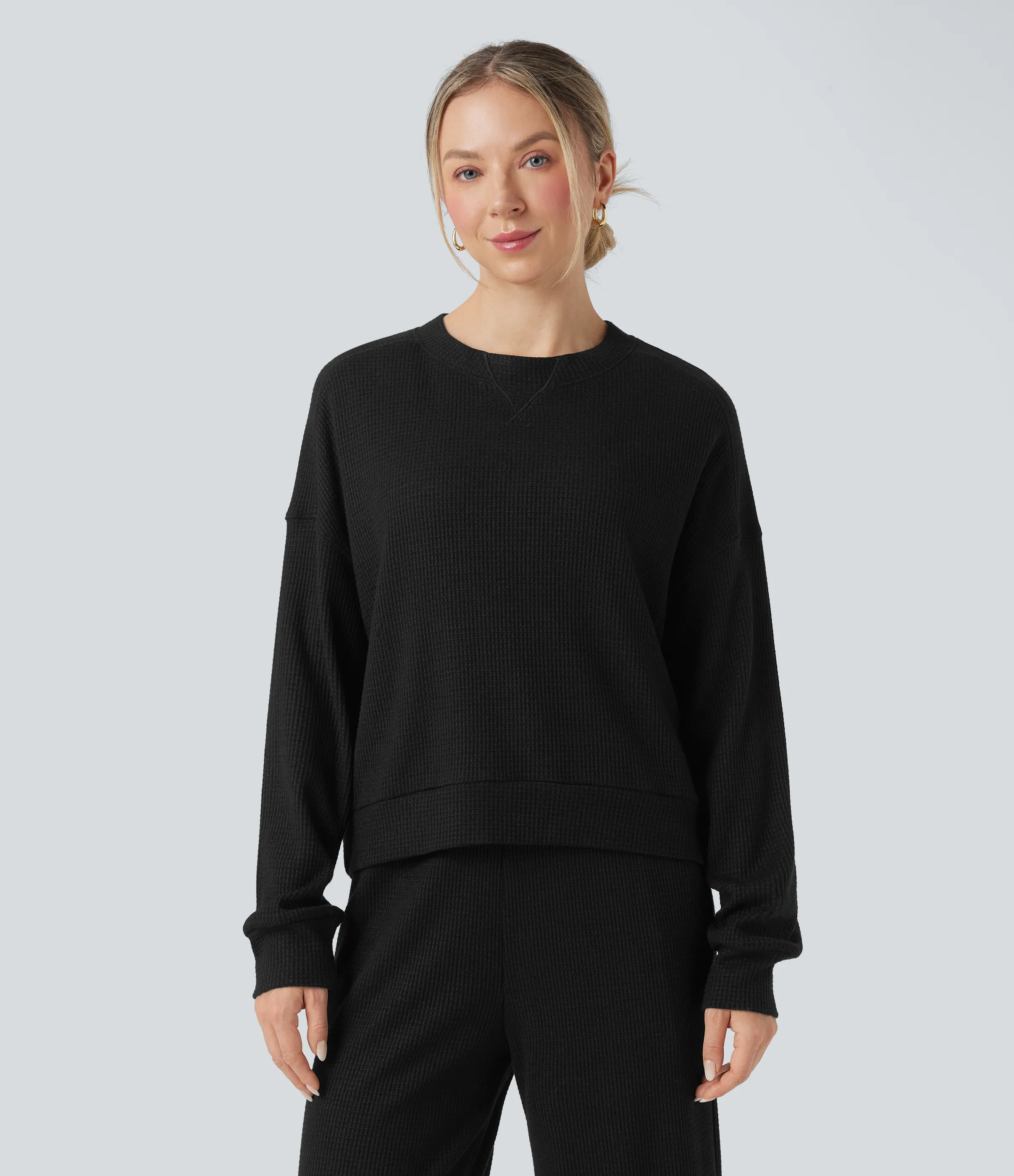 Halara Sudadera casualde cuello redondo y manga larga con tejido waffle - Black - L sold by Halara