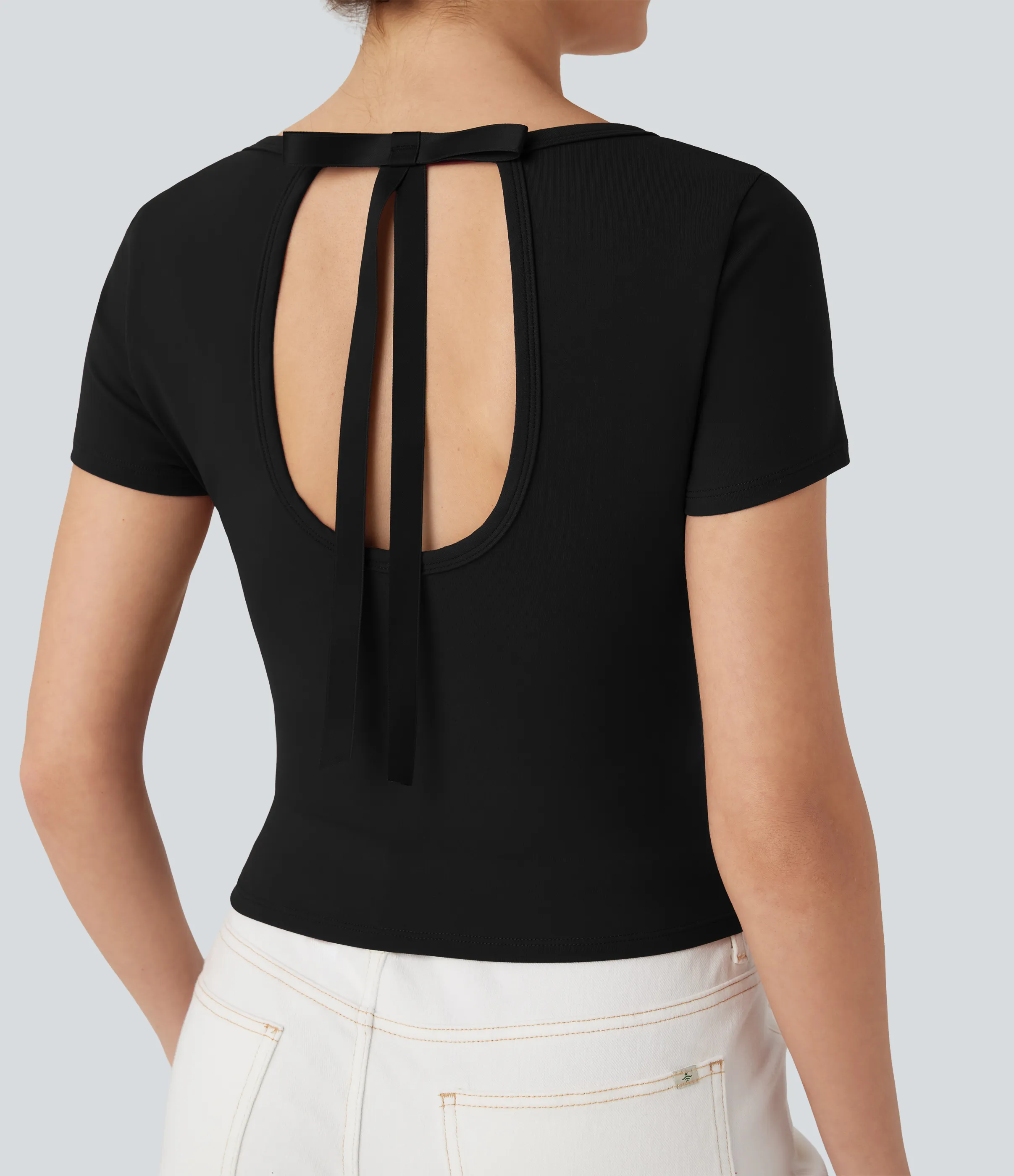 Halara Top casual corto con lazo de manga corta y cuello redondo - Black - L sold by Halara product image thumbnail 5