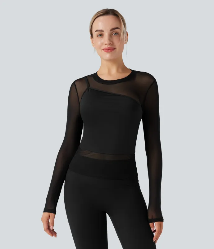 Halara Top deportivo de yoga 2 en 1 de malla en contraste con cuello redondo y manga larga - Black - XS sold by Halara