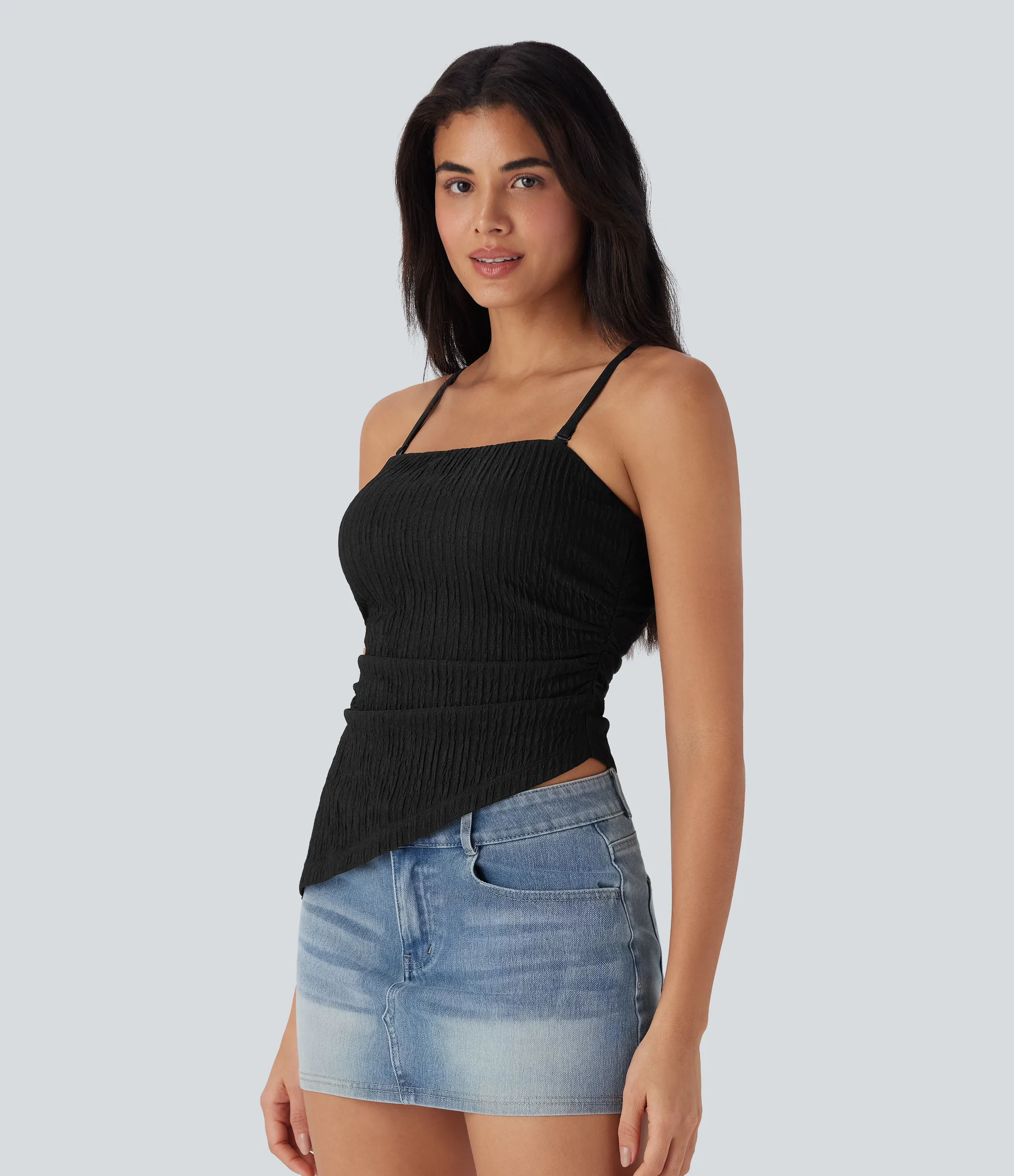 Halara Top casual a rayas con forma asimétrica y tirantes extraíbles - Black - XL sold by Halara