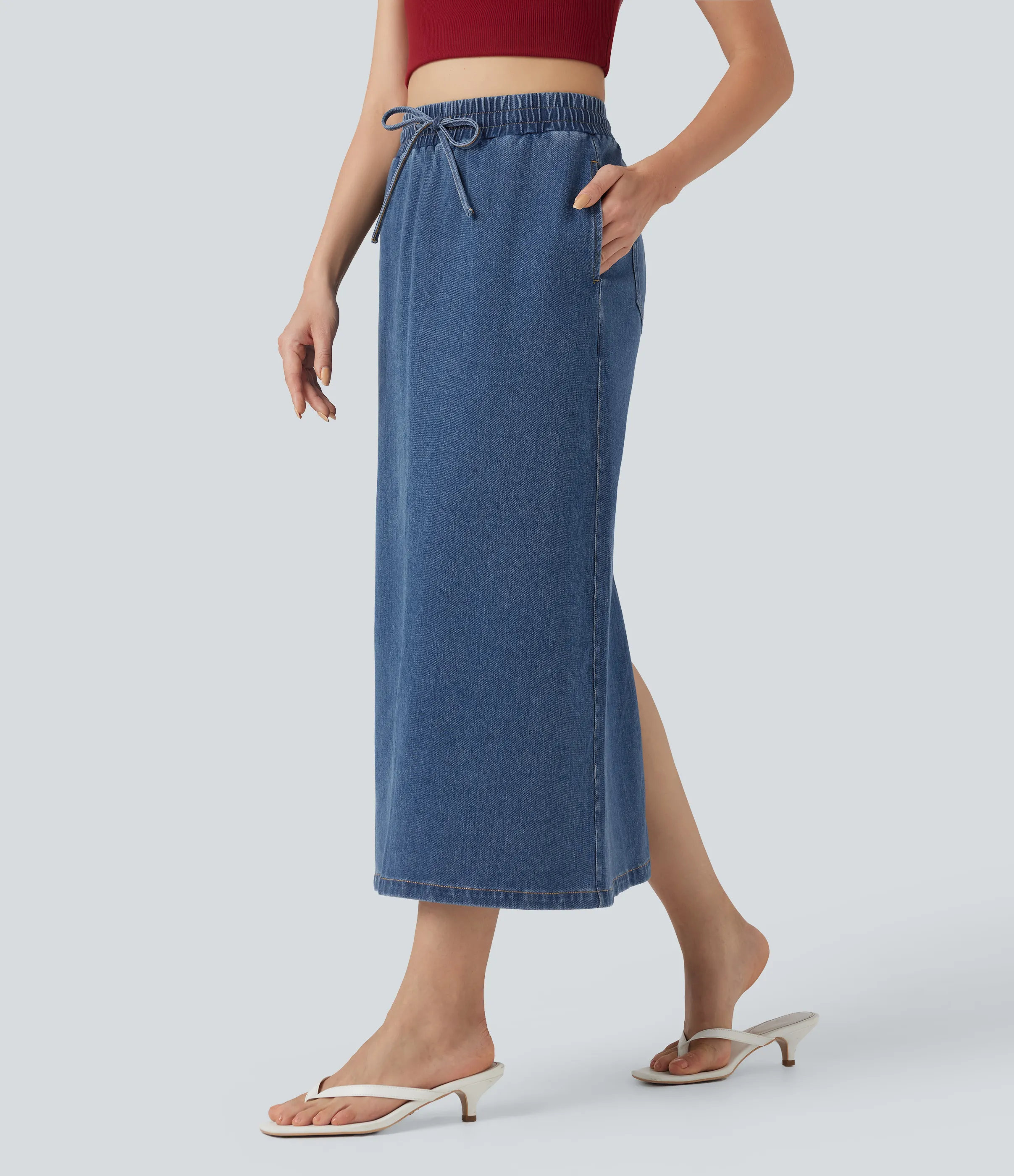 Halara Falda vaquera casual Halara Flex™ midi de tiro alto con cordón ajustable y bolsillos - Estate Blue Denim - XL(regular) sold by Halara product image thumbnail 4