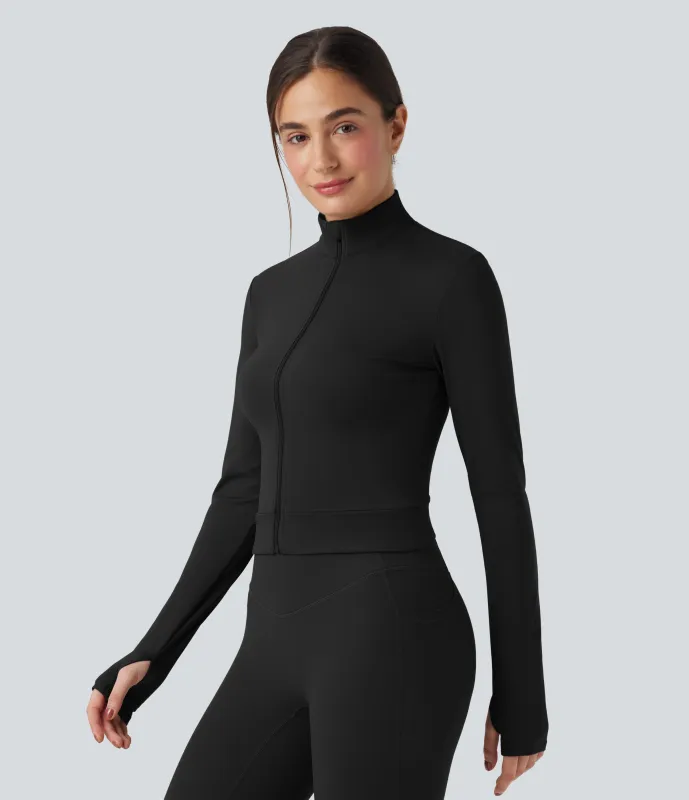 Halara Chamarra de yoga SoftlyZero™ de felpa con cuello alto y manga larga con abertura para los pulgares y espalda cruzada - Black - XL sold by Halara
