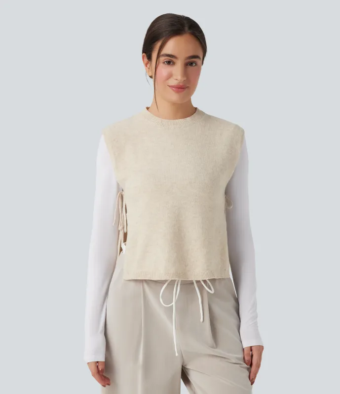 Halara Chaleco de oficina con cuello redondo y corbata - Almond Milk - XL sold by Halara