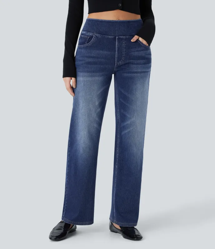 Halara Jeans Halara Flex™ Denim elástico lavado múltiple bolsillo tiro alto - Bright Blue Denim - M(petite) sold by Halara