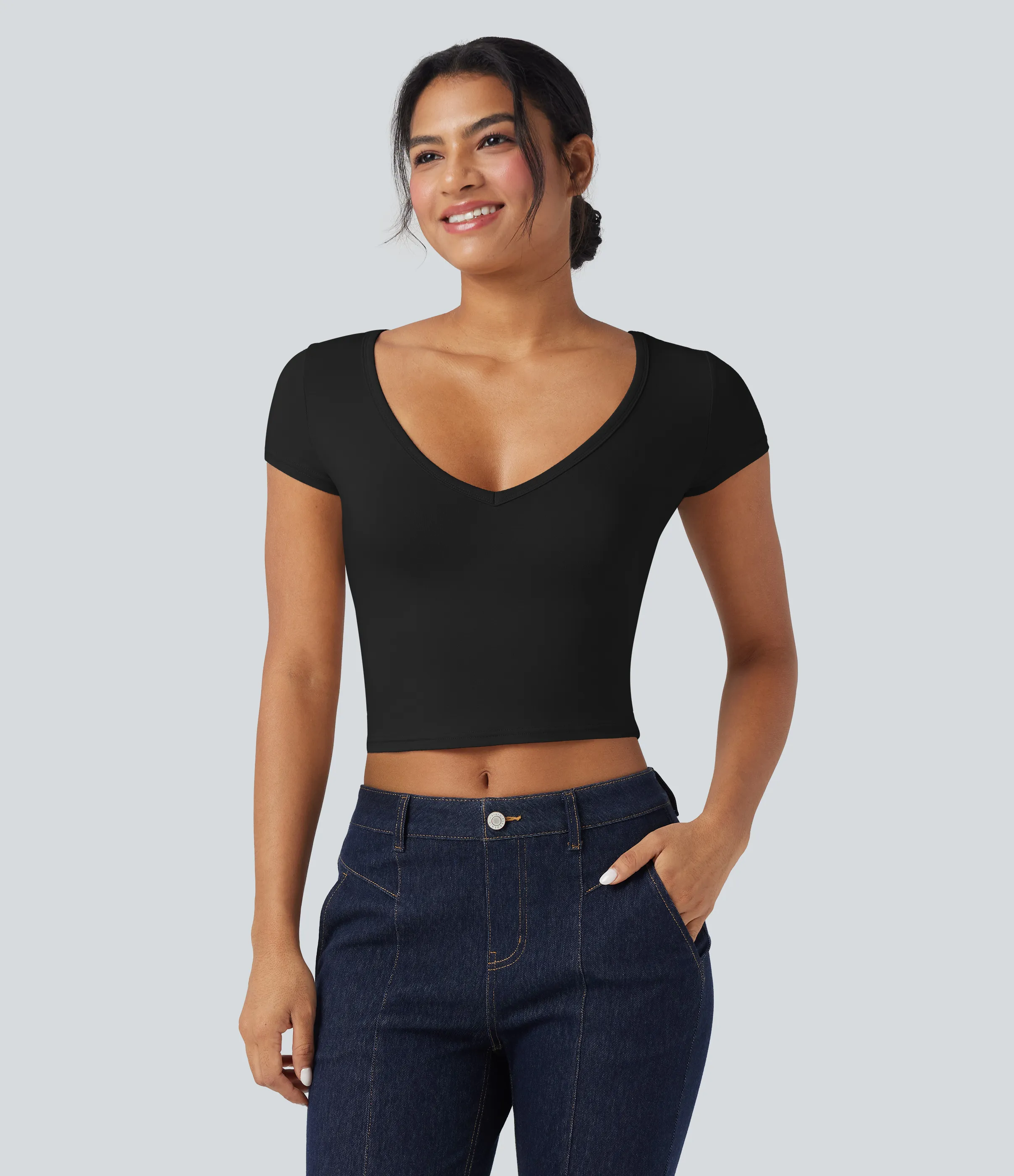 Halara Camiseta casual ajustada de manga corta con escote en V profundo - Black - S sold by Halara product image thumbnail 2