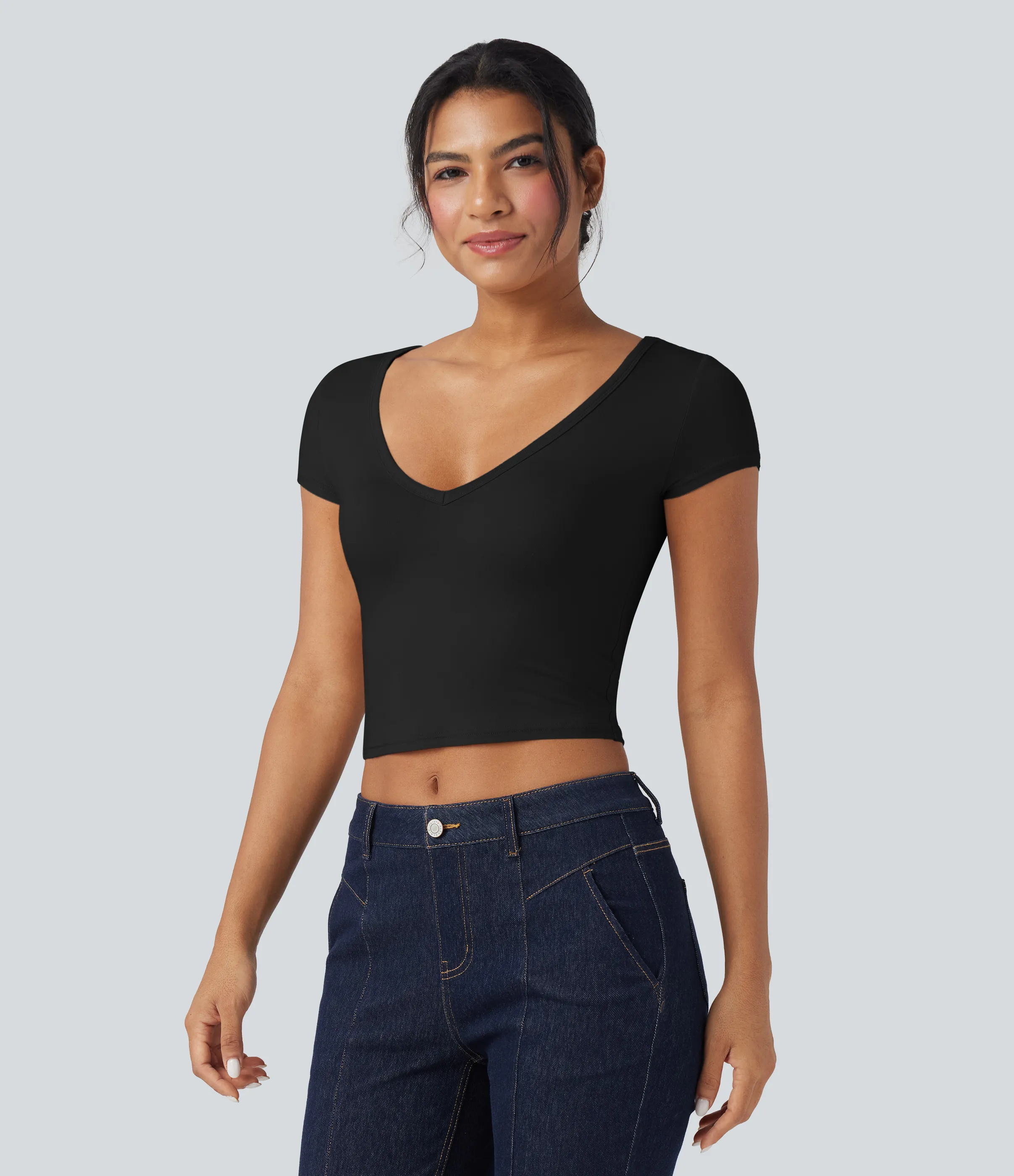 Halara Camiseta casual ajustada de manga corta con escote en V profundo - Black - S sold by Halara product image thumbnail 4