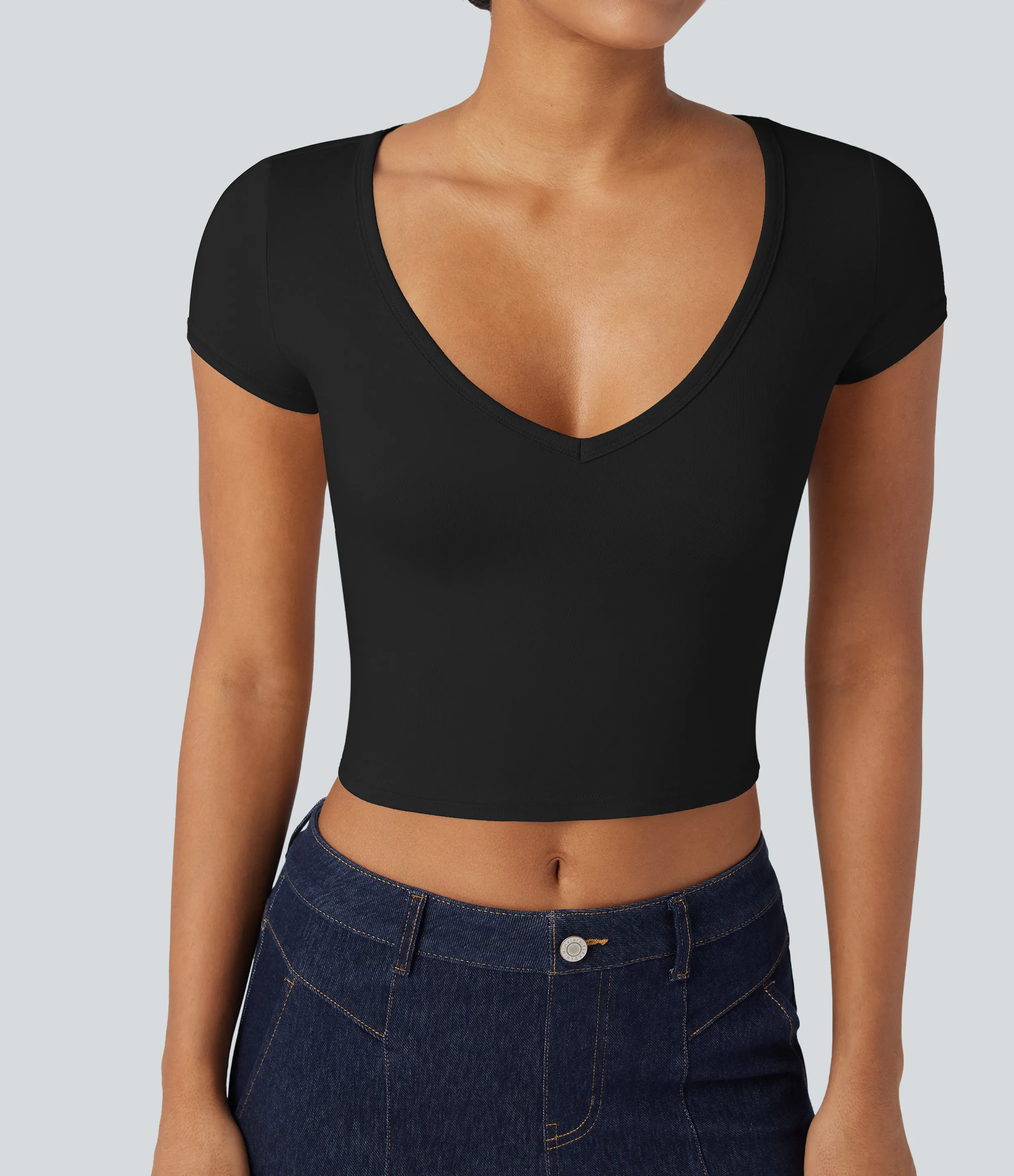 Halara Camiseta casual ajustada de manga corta con escote en V profundo - Black - S sold by Halara product image thumbnail 5
