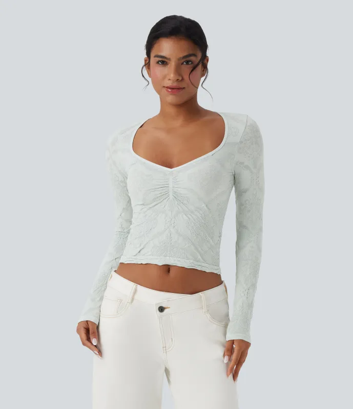 Halara Top deportivo casual jacquard de manga larga con escote en forma de corazón sin costuras - Blue Blush - XL sold by Halara