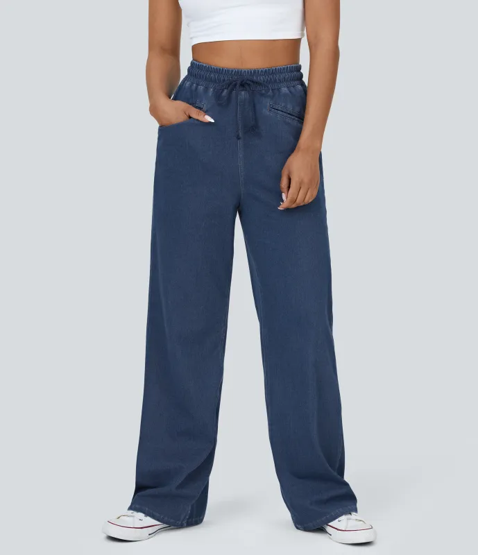 Halara Jeans Halara Flex™ Denim mezclilla elástica lavada transpirable tiro alto cordón ajustable bolsillo tacto fresco pierna ancha - Washed Denim Dark Blue - S sold by Halara