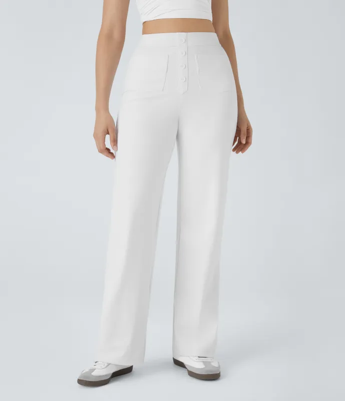 Halara Pantalones pierna recta múltiple bolsillo botón tiro alto - White - XL(regular) sold by Halara