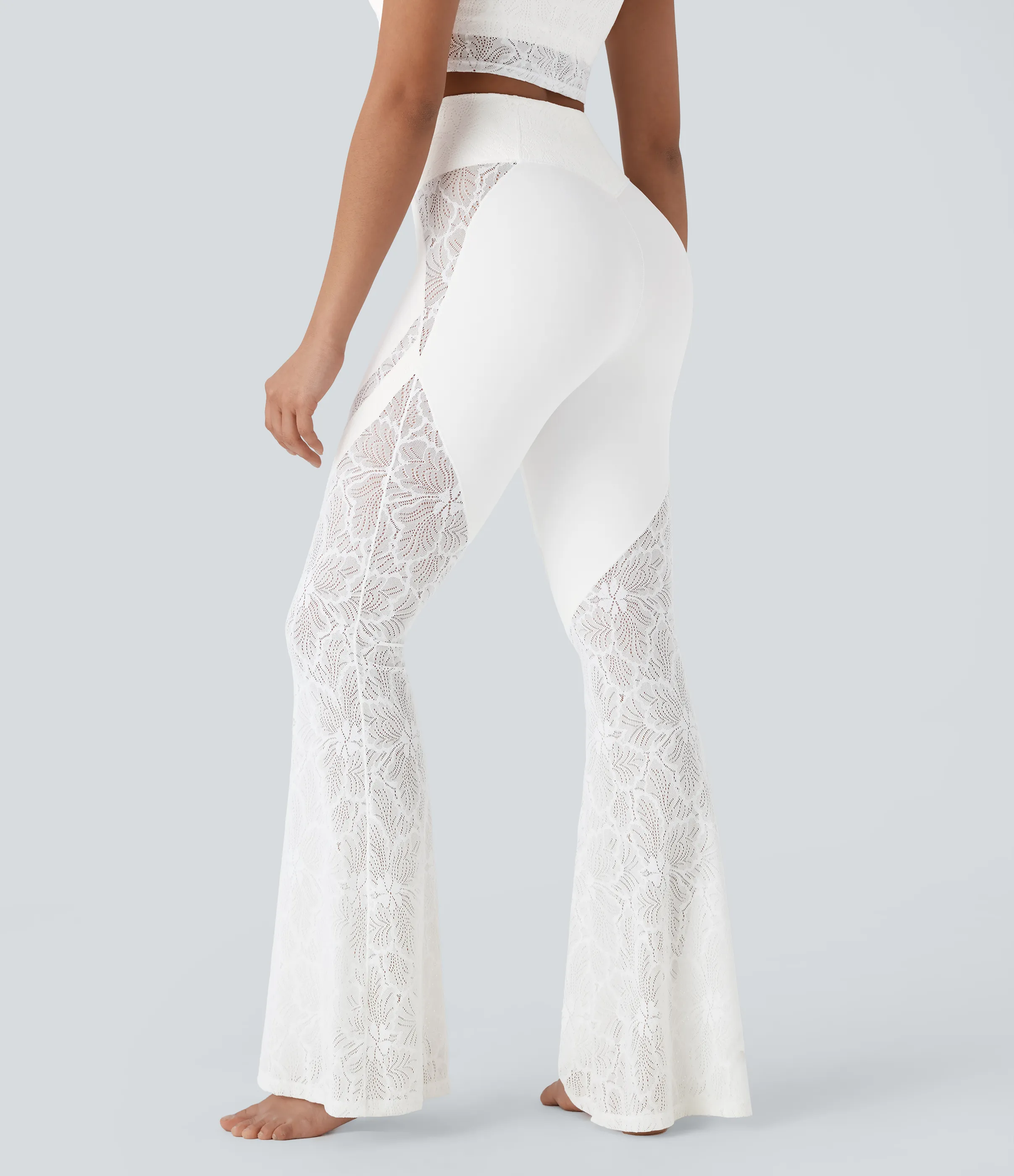 Halara Leggings de yoga acampanados Softlyzero™ de tiro alto con encaje en contrast y bolsillos traseros cruzados - White - L(tall) sold by Halara product image thumbnail 5