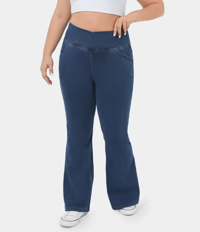Halara Jeans Halara Flex™ Denim súper acampanado tiro alto bolsillo cruzado tacto fresco tejido elástico lavado transpirable talla grande - Ocean Blue Denim - 3X sold by Halara