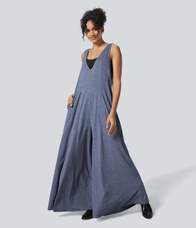 Halara Mono casual fluido drapeado con bolsillo lateral y cuello en V - Mottled Indigo - XS(regular) sold by Halara