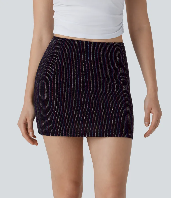 Halara Mini Falda ajustada tiro alto bolsillo lateral raya metalizada 2 en 1 - Colorful Black Starlight Stripe - L(regular) sold by Halara