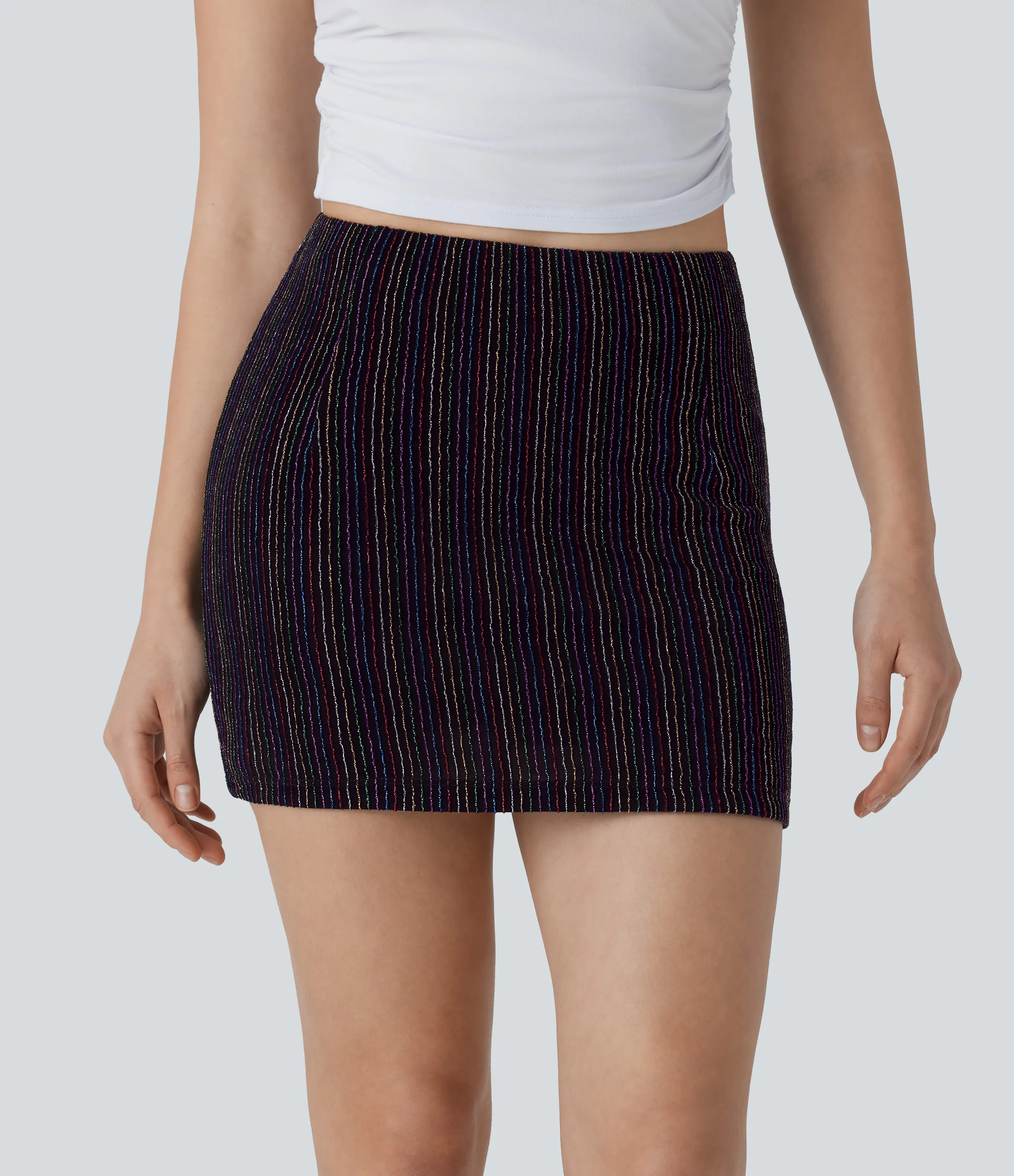 Halara Mini Falda ajustada tiro alto bolsillo lateral raya metalizada 2 en 1 - Colorful Black Starlight Stripe - L(regular) sold by Halara product image thumbnail 2