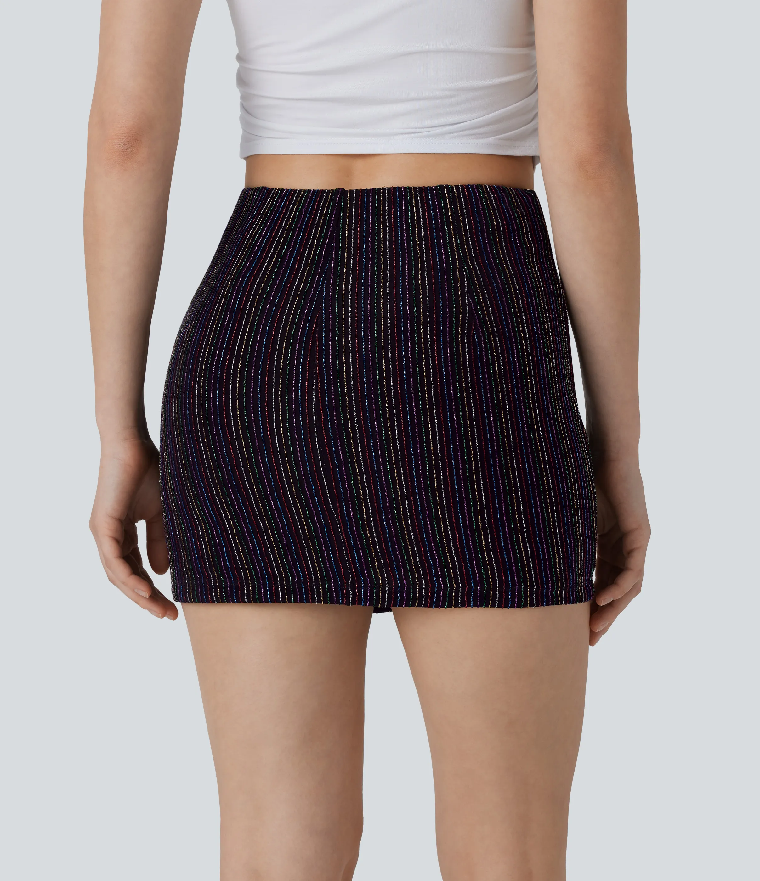 Halara Mini Falda ajustada tiro alto bolsillo lateral raya metalizada 2 en 1 - Colorful Black Starlight Stripe - L(regular) sold by Halara product image thumbnail 3