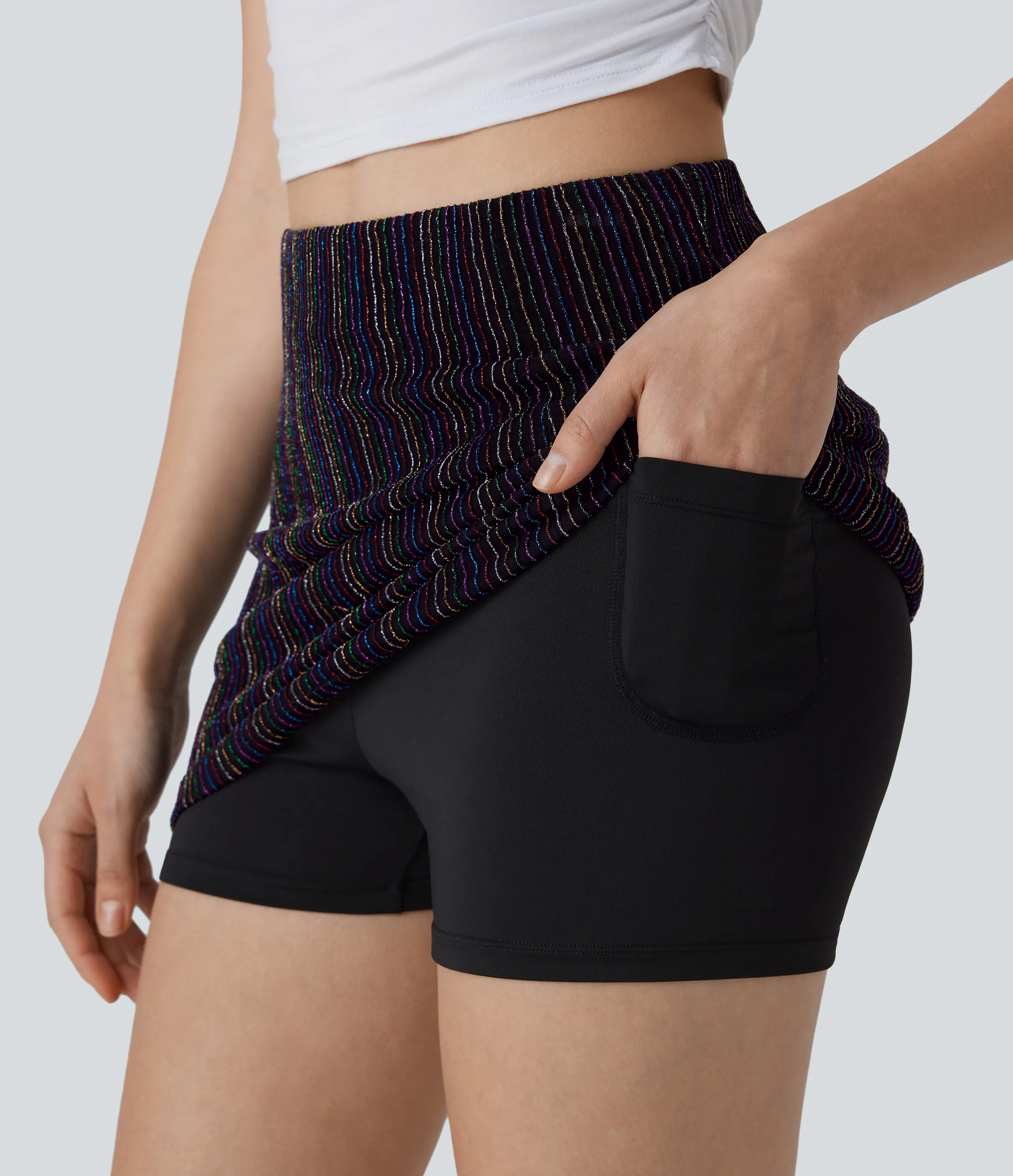 Halara Mini Falda ajustada tiro alto bolsillo lateral raya metalizada 2 en 1 - Colorful Black Starlight Stripe - L(regular) sold by Halara product image thumbnail 5