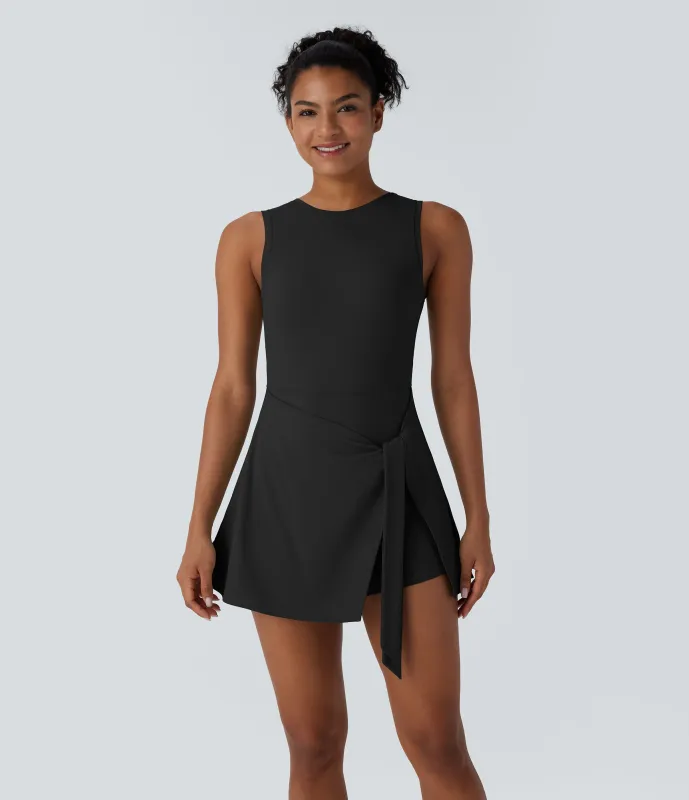 Halara Mini Vestido micro deportivo pickleball bolsillo lateral 2 en 1 sin espalda sin mangas cruzado lazo delantera - Black - XL sold by Halara