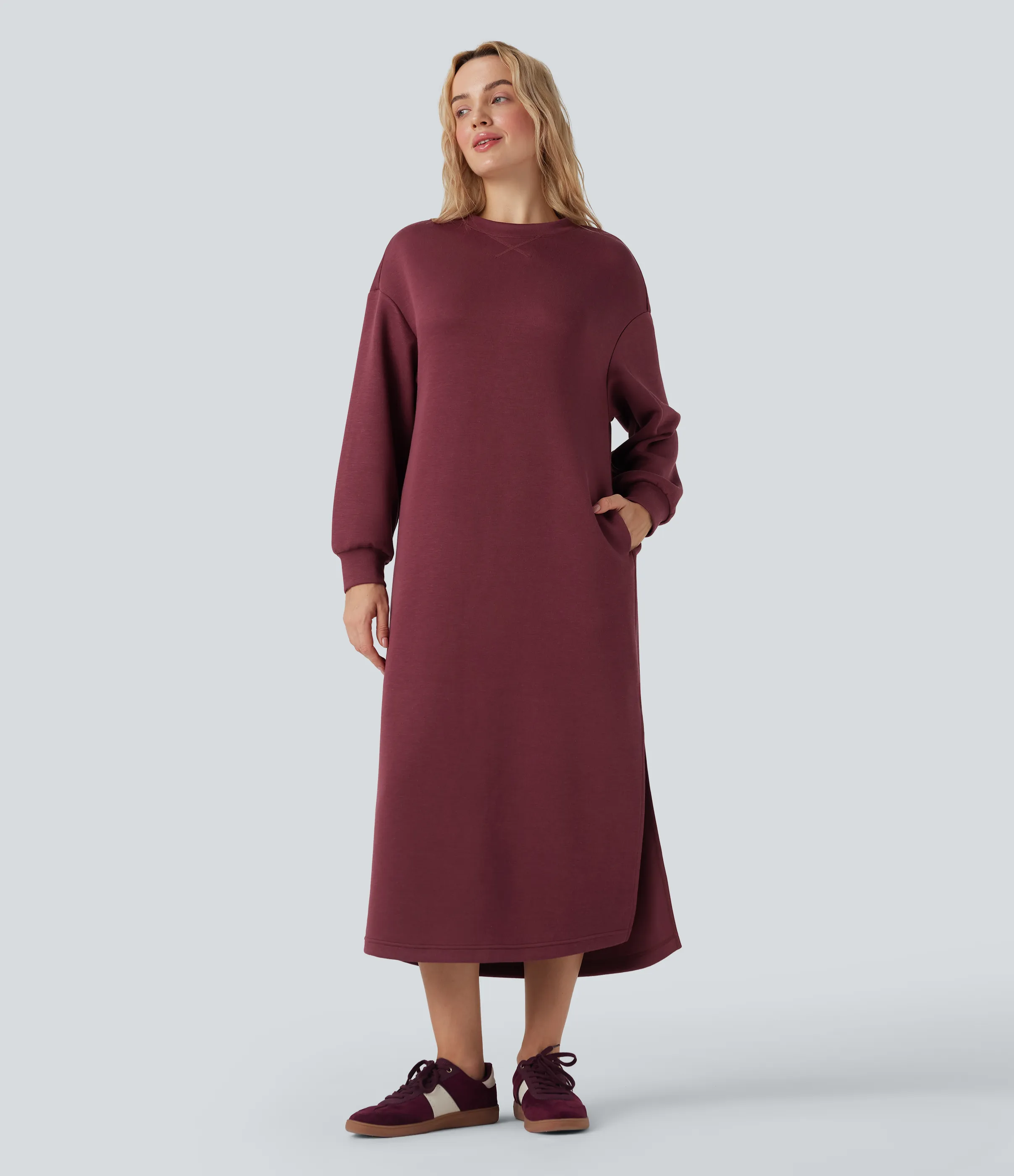 Halara Vestido estilo sudadera larga maxi casual de manga larga con cuello redondo y bolsillos - Oxblood Red - M sold by Halara