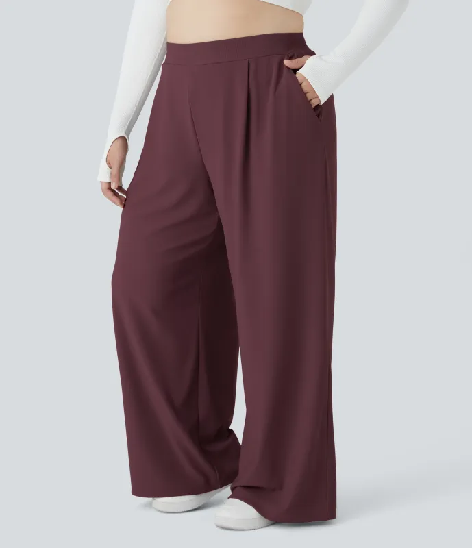 Halara Pantalón Halara Flex™ oficina tiro alto control abdomen adelgazan tiro bolsillo lateral pierna ancha microgofre talla grande - Evening Red - 1X(regular) made by Halara