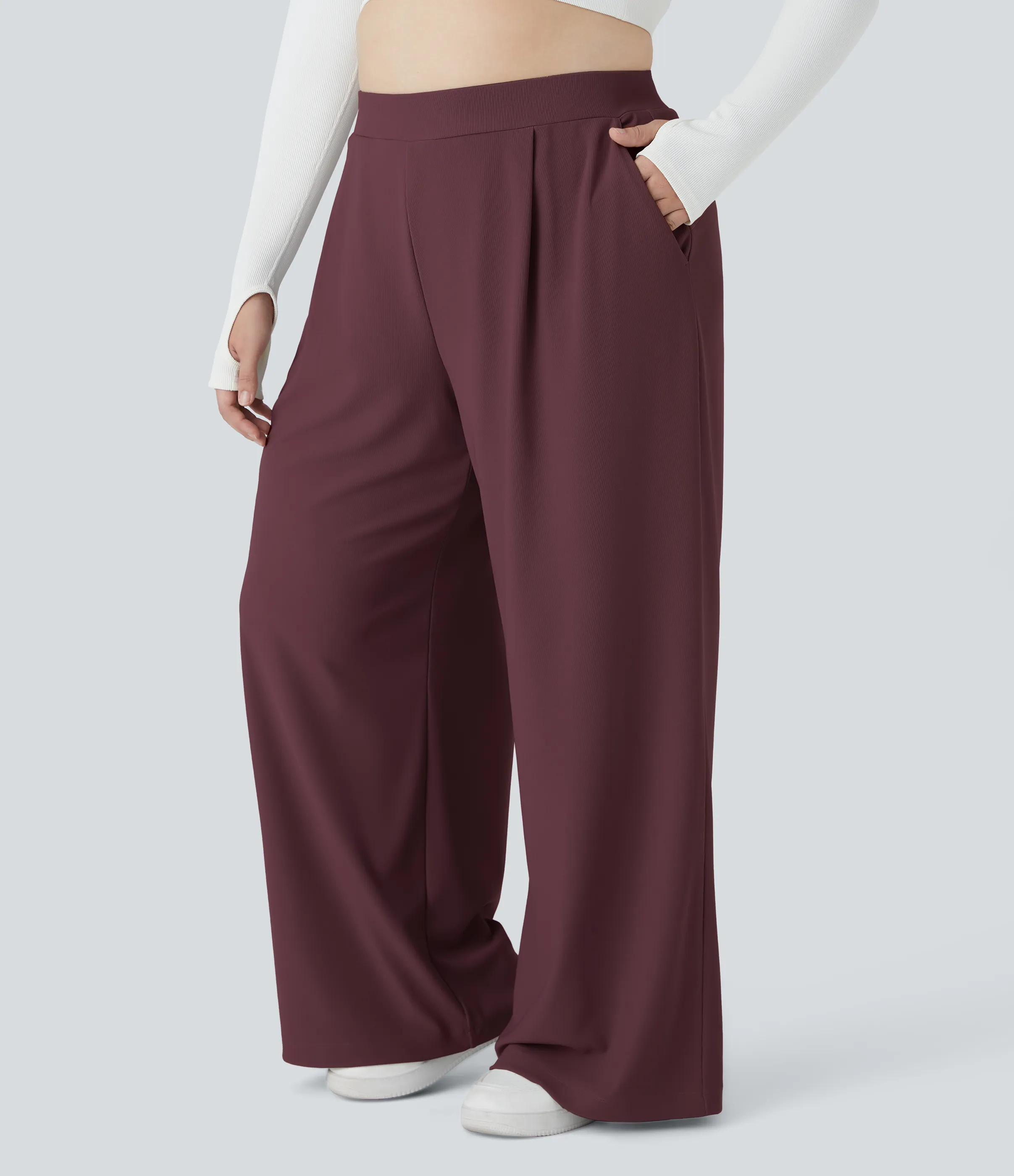 Halara Pantalón Halara Flex™ oficina tiro alto control abdomen adelgazan tiro bolsillo lateral pierna ancha microgofre talla grande - Evening Red - 1X(regular) sold by Halara