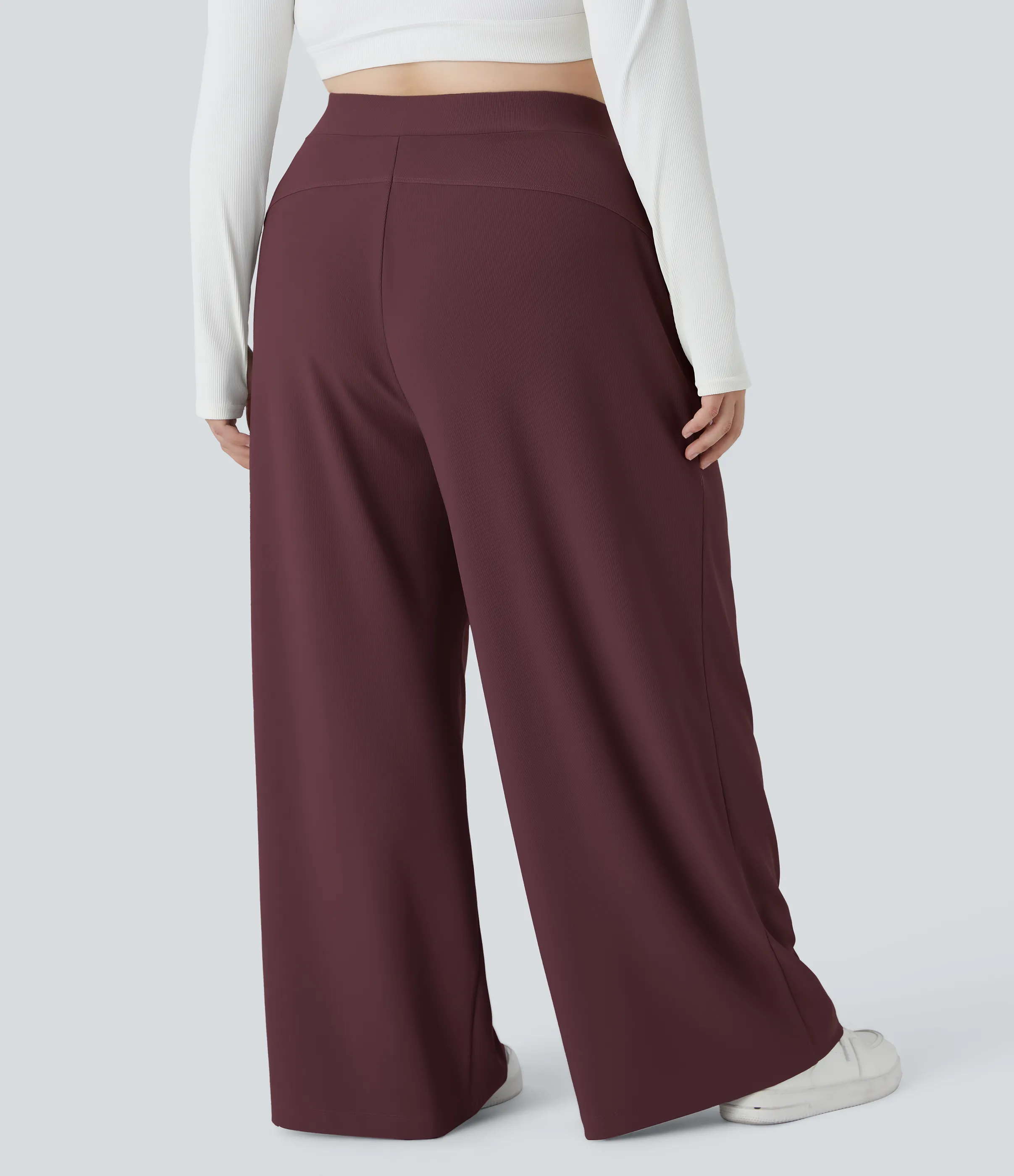 Halara Pantalón Halara Flex™ oficina tiro alto control abdomen adelgazan tiro bolsillo lateral pierna ancha microgofre talla grande - Evening Red - 1X(regular) sold by Halara product image thumbnail 3