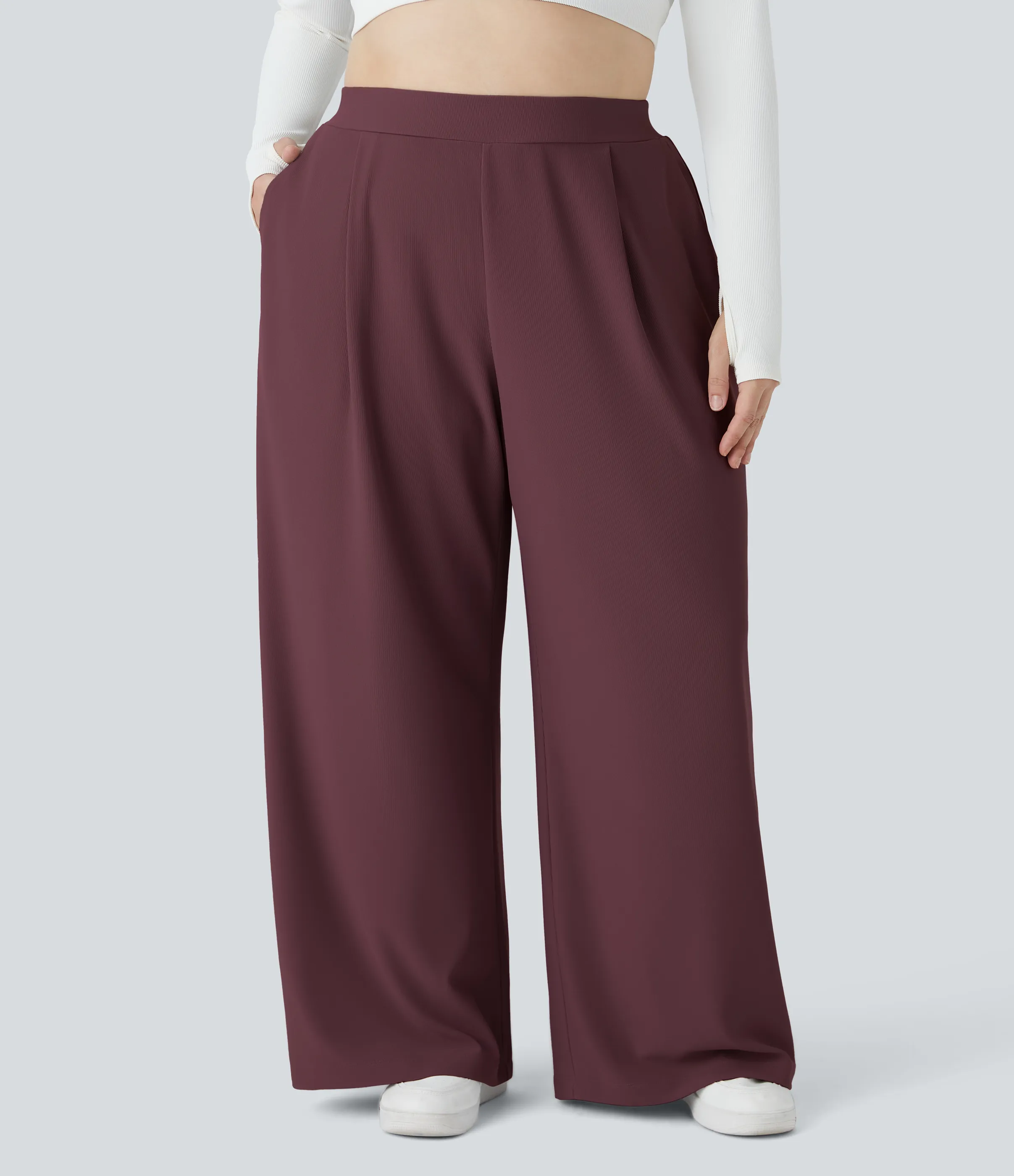 Halara Pantalón Halara Flex™ oficina tiro alto control abdomen adelgazan tiro bolsillo lateral pierna ancha microgofre talla grande - Evening Red - 1X(regular) sold by Halara product image thumbnail 4