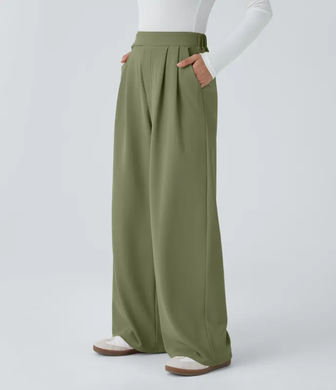 Halara Pantalón tiro alto botón bolsillo lateral plisado pierna ancha - Loden Green - S(regular) sold by Halara