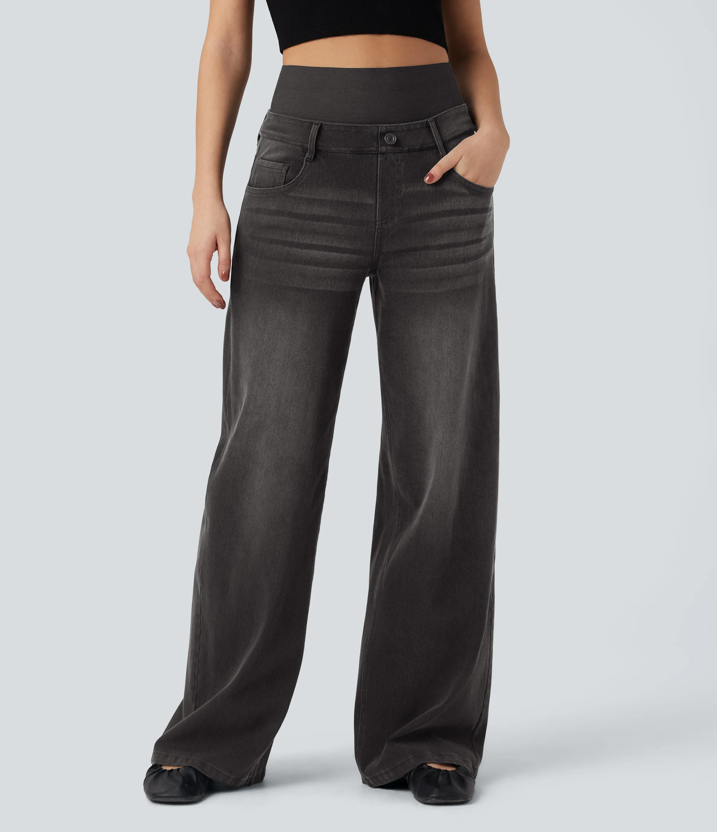Halara Jeans casuales anchos Halara Flex™ lavados de tiro alto con control de abdomen con bolsillos - Phantom Denim - XS(regular) sold by Halara