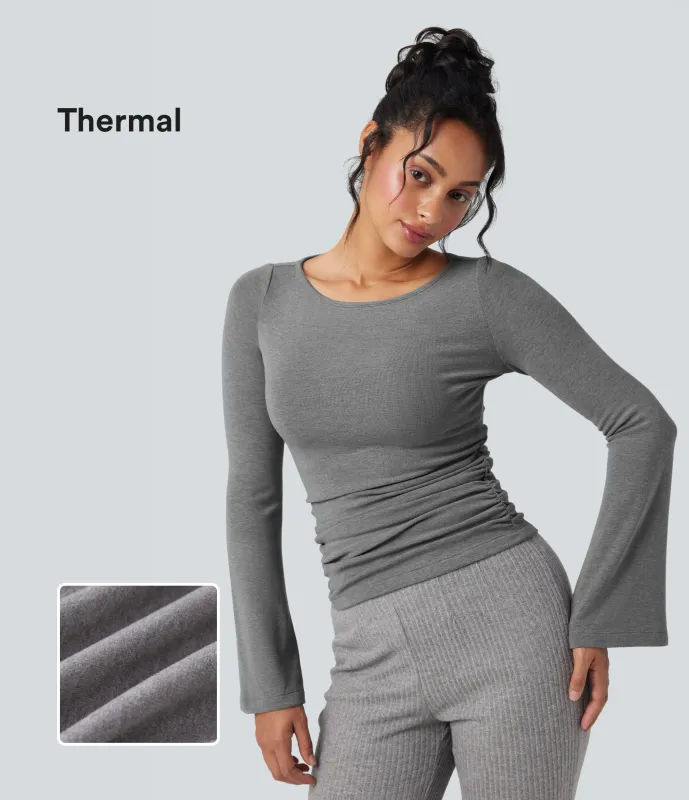 Halara Top casual térmico fruncido de manga larga con cuello barco - Mottled Cloud Grey - L sold by Halara